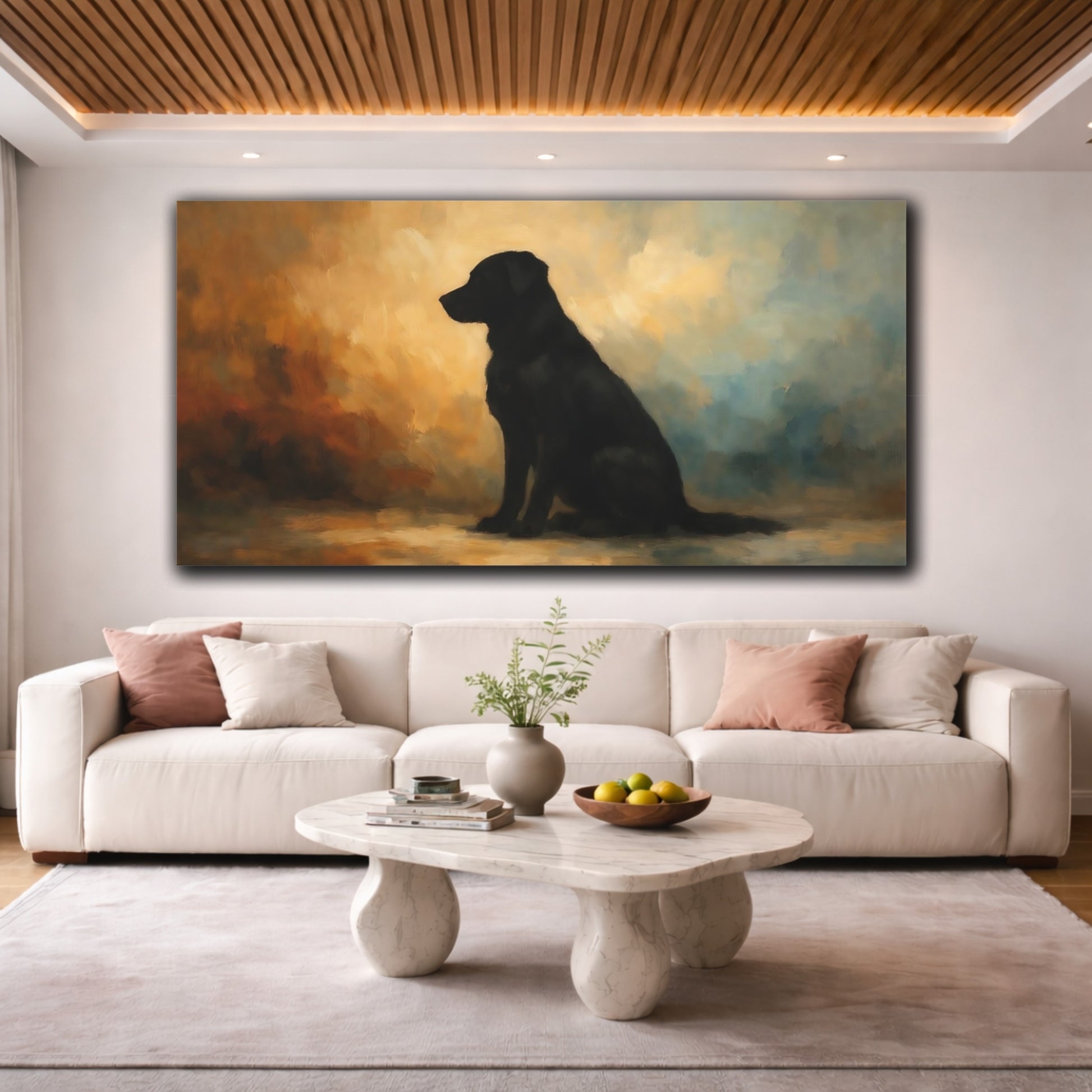 Mockup 3. Animals Black Dog Black Dog Portrait shown as stretched canvas wall art