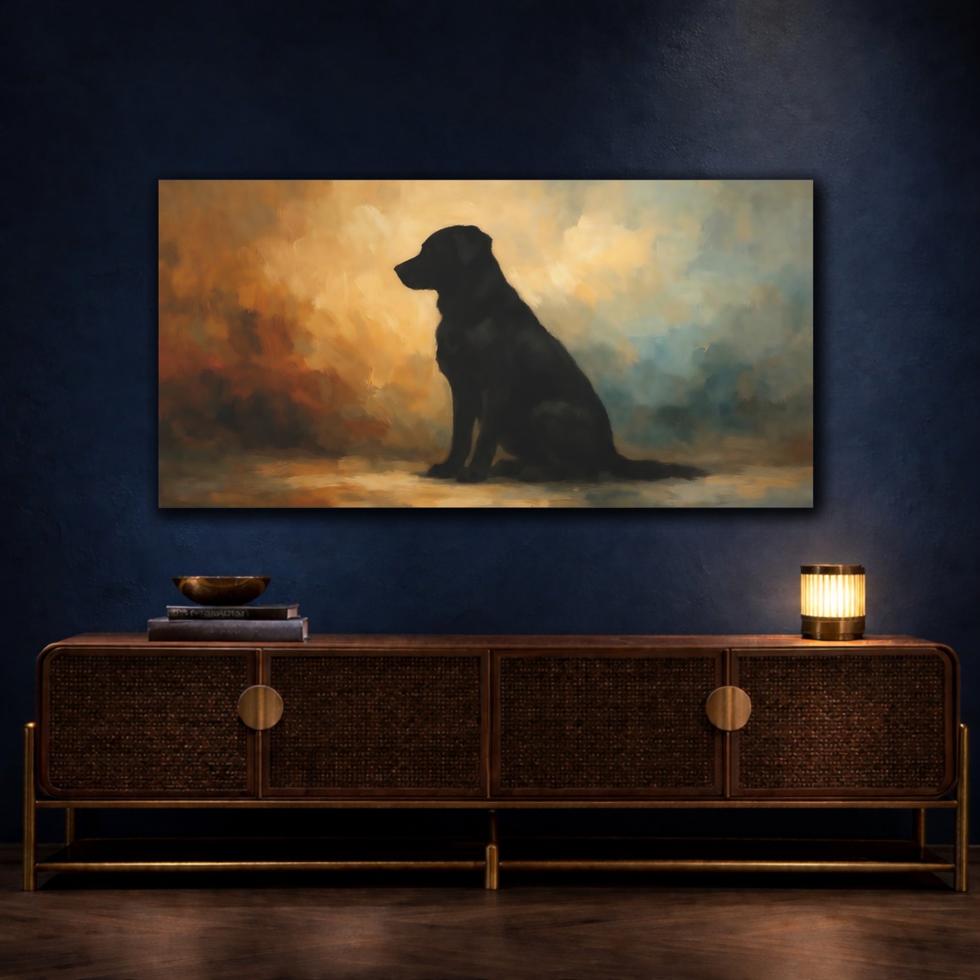 Mockup 4. Animals Black Dog Black Dog Portrait shown as stretched canvas wall art