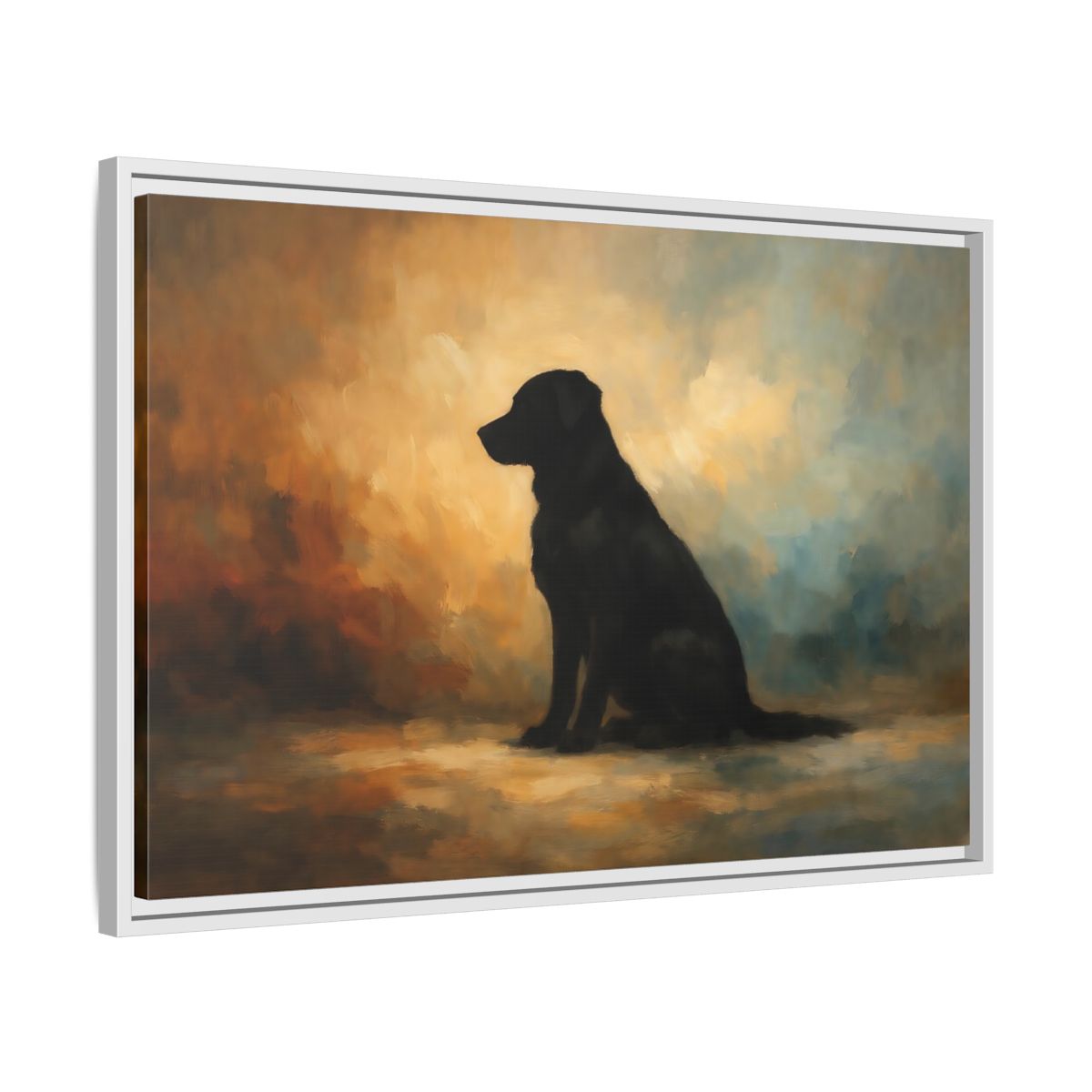 Side Mockup 10. Animals Black Dog Black Dog Painting shown as stretched canvas wall art
