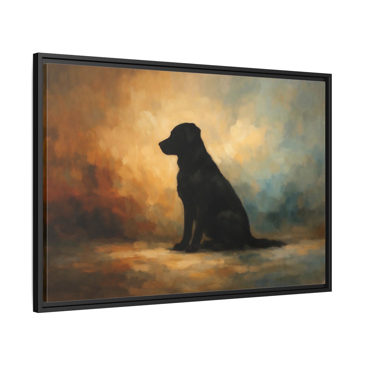 Side Mockup 13. Animals Black Dog Black Dog Painting shown as stretched canvas wall art
