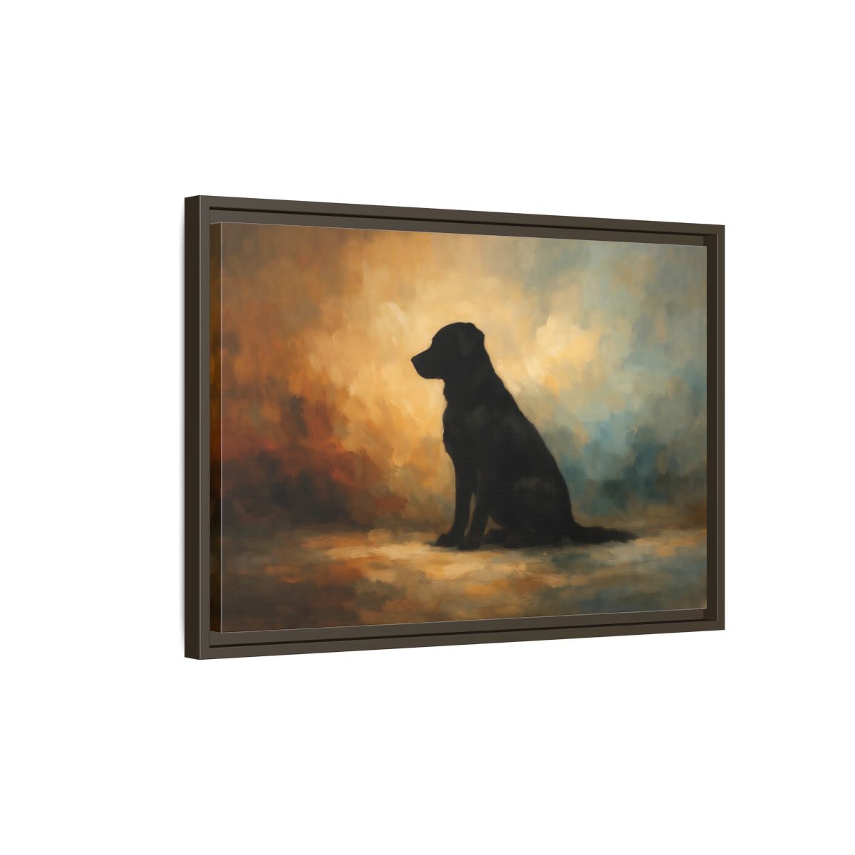 Side Mockup 2. Animals Black Dog Black Dog Painting shown as stretched canvas wall art