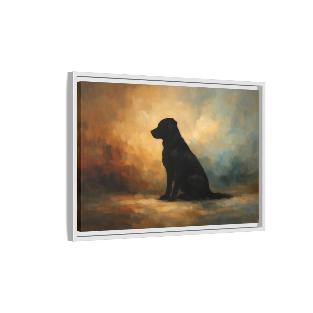 Side Mockup 1. Animals Black Dog Black Dog Painting shown as stretched canvas wall art