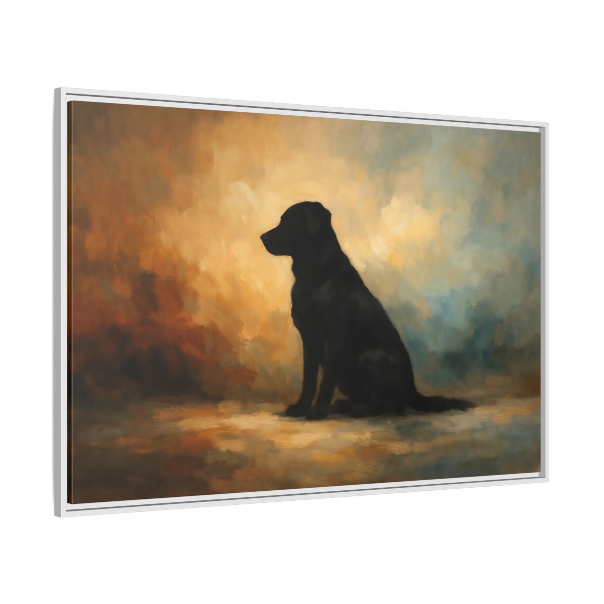 Side Mockup 7. Animals Black Dog Black Dog Painting shown as stretched canvas wall art