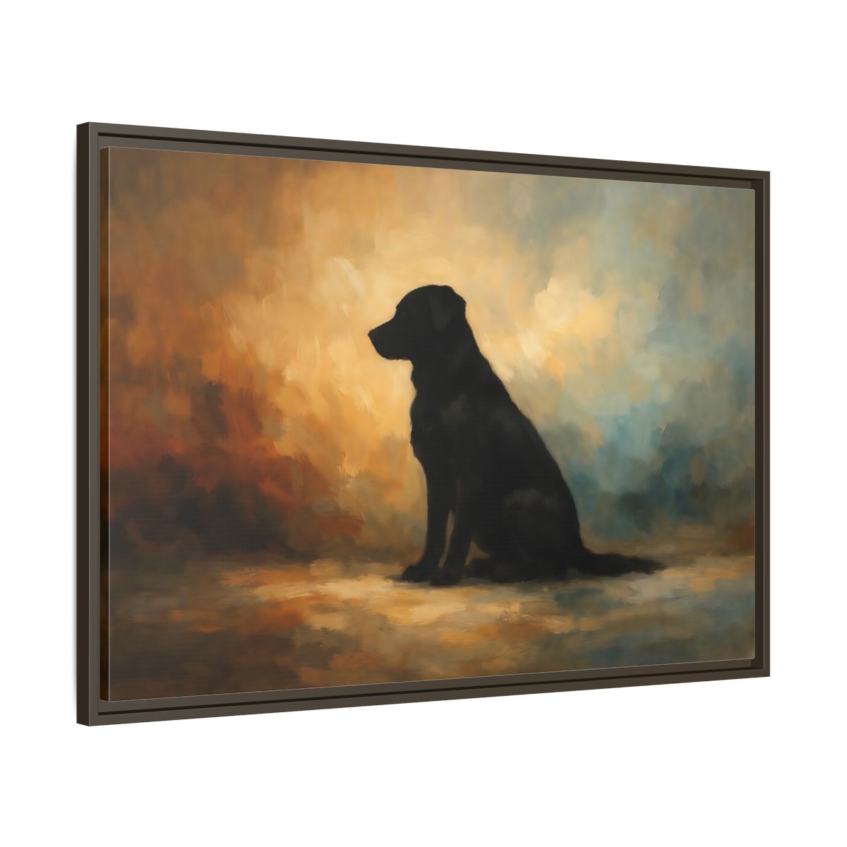 Side Mockup 9. Animals Black Dog Black Dog Painting shown as stretched canvas wall art