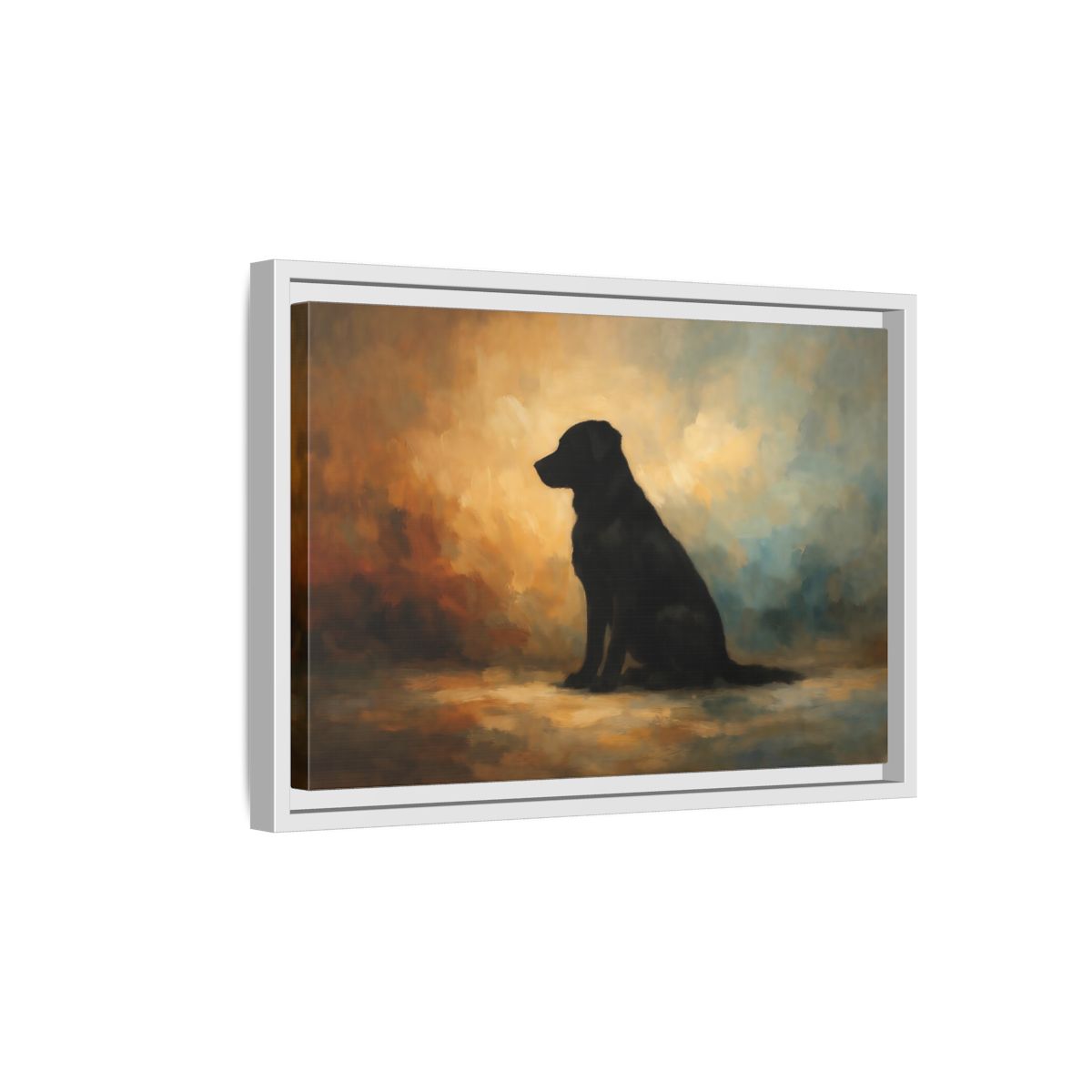 Side Mockup 4. Animals Black Dog Black Dog Painting shown as stretched canvas wall art