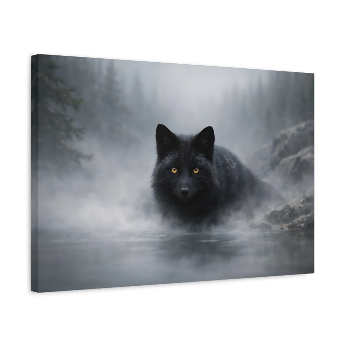 Side Mockup 3. Animals Black Fox Black And Grey shown as stretched canvas wall art