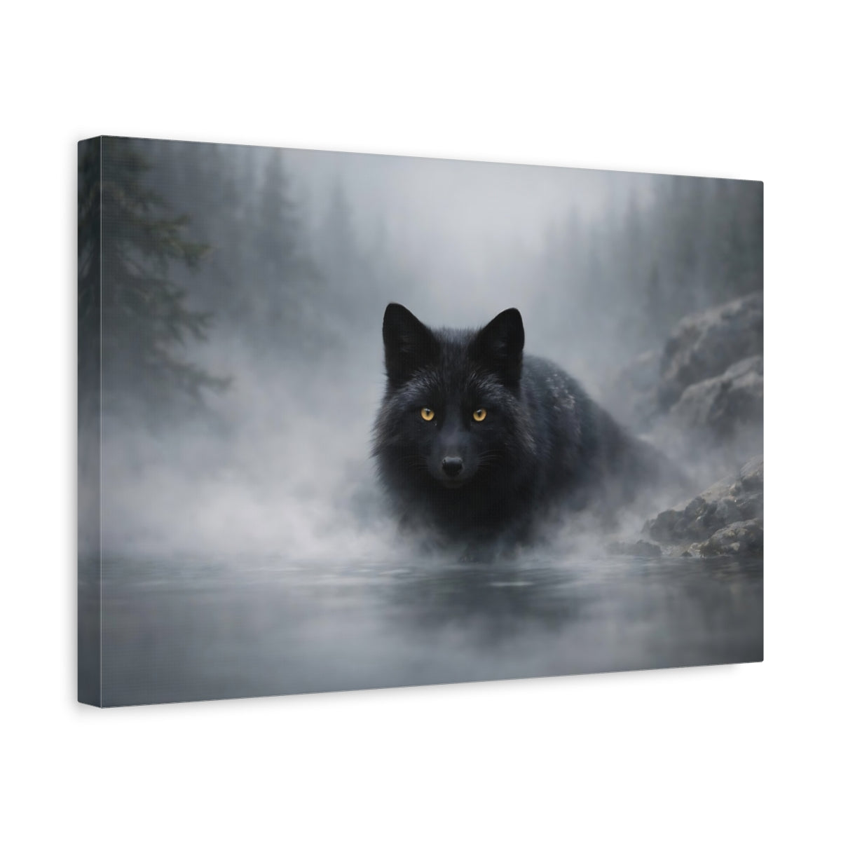 Side Mockup 4. Animals Black Fox Black And Grey shown as stretched canvas wall art