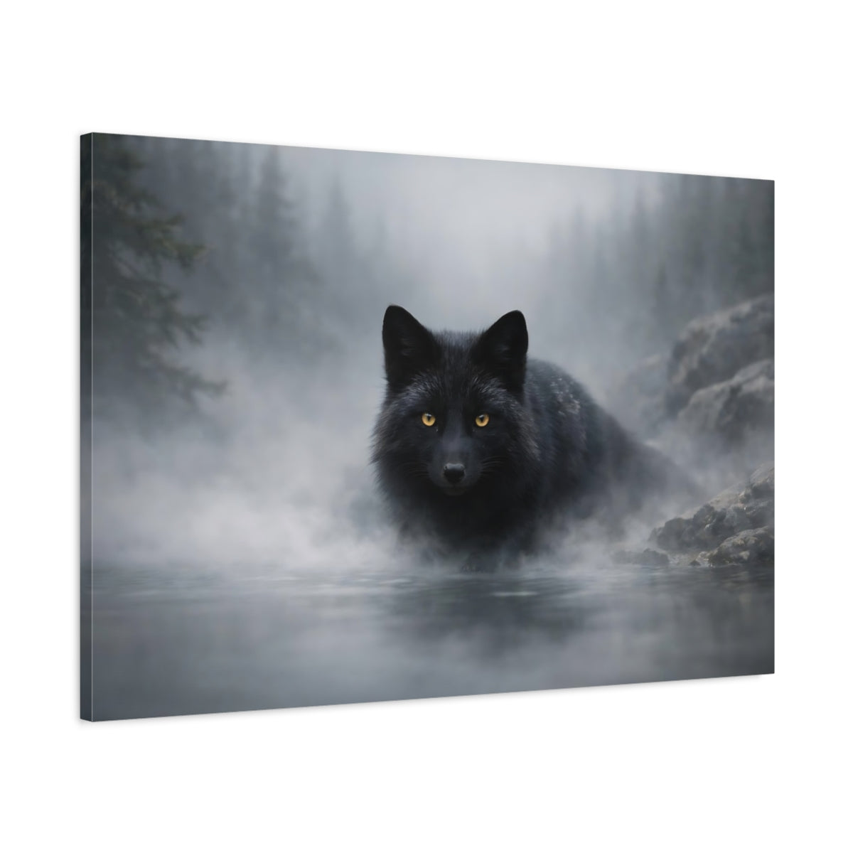 Side Mockup 1. Animals Black Fox Black And Grey shown as stretched canvas wall art