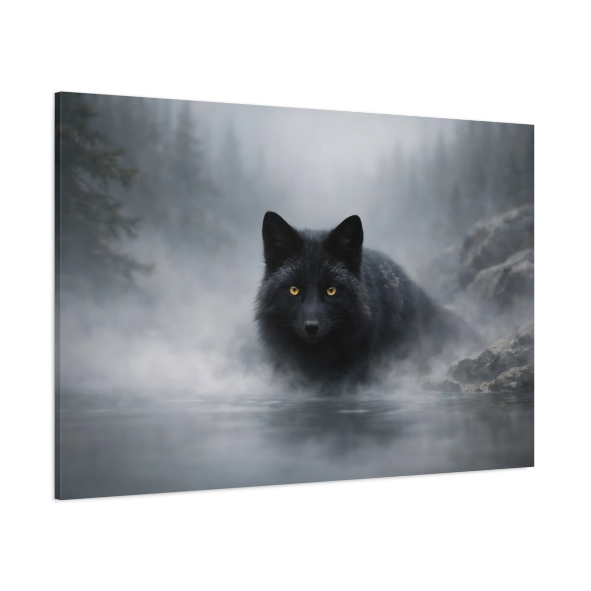 Main Mockup. Animals Black Fox Black And Grey shown as stretched canvas wall art