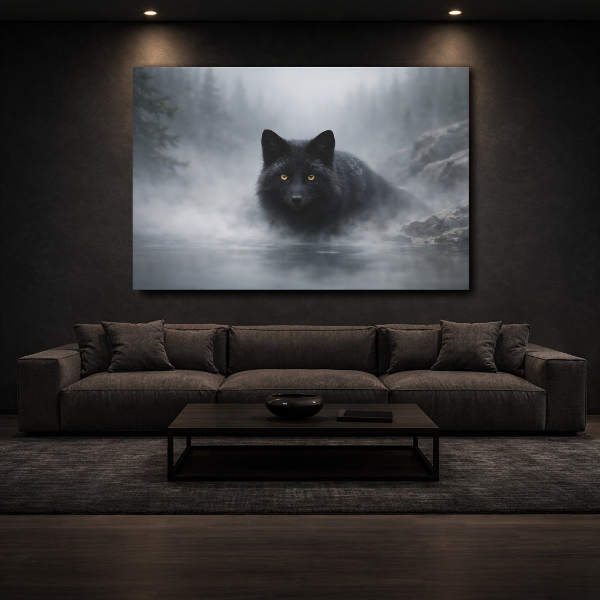 Mockup 2. Animals Black Fox Black And Grey shown as stretched canvas wall art