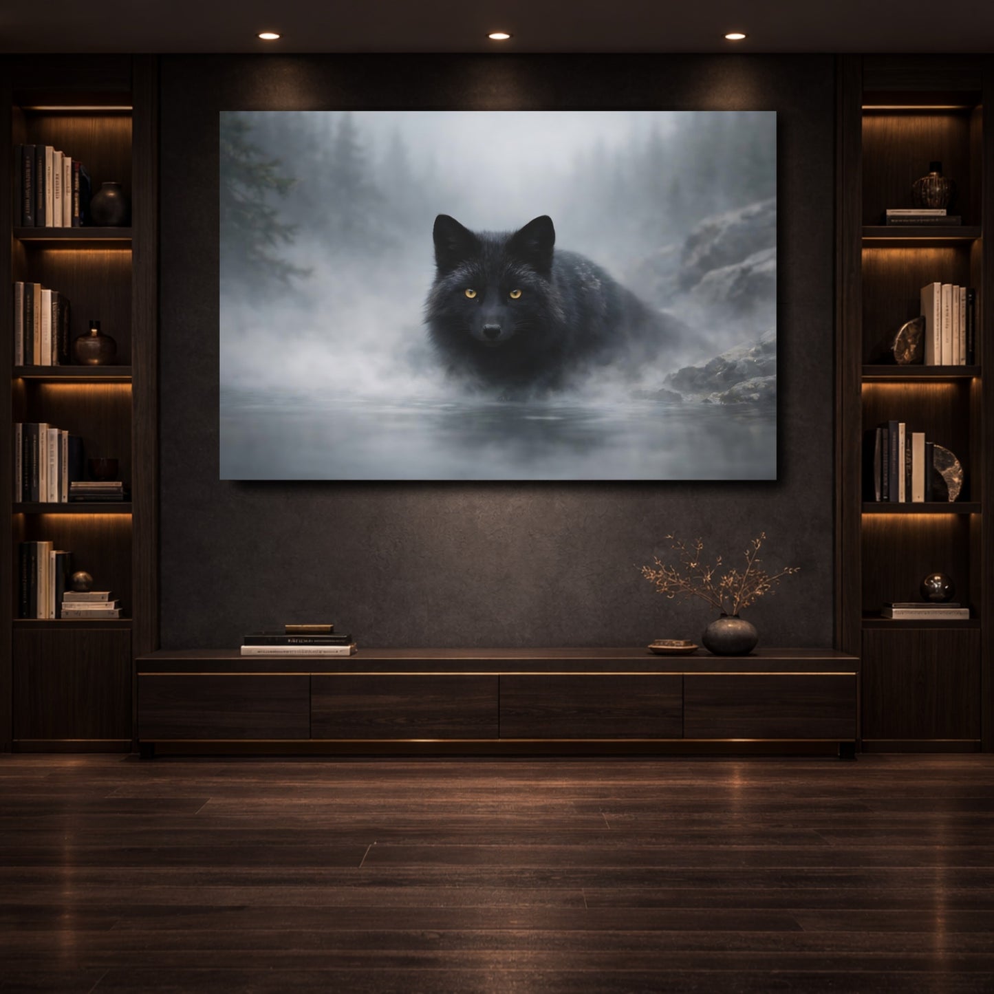 Mockup 3. Animals Black Fox Black And Grey shown as stretched canvas wall art