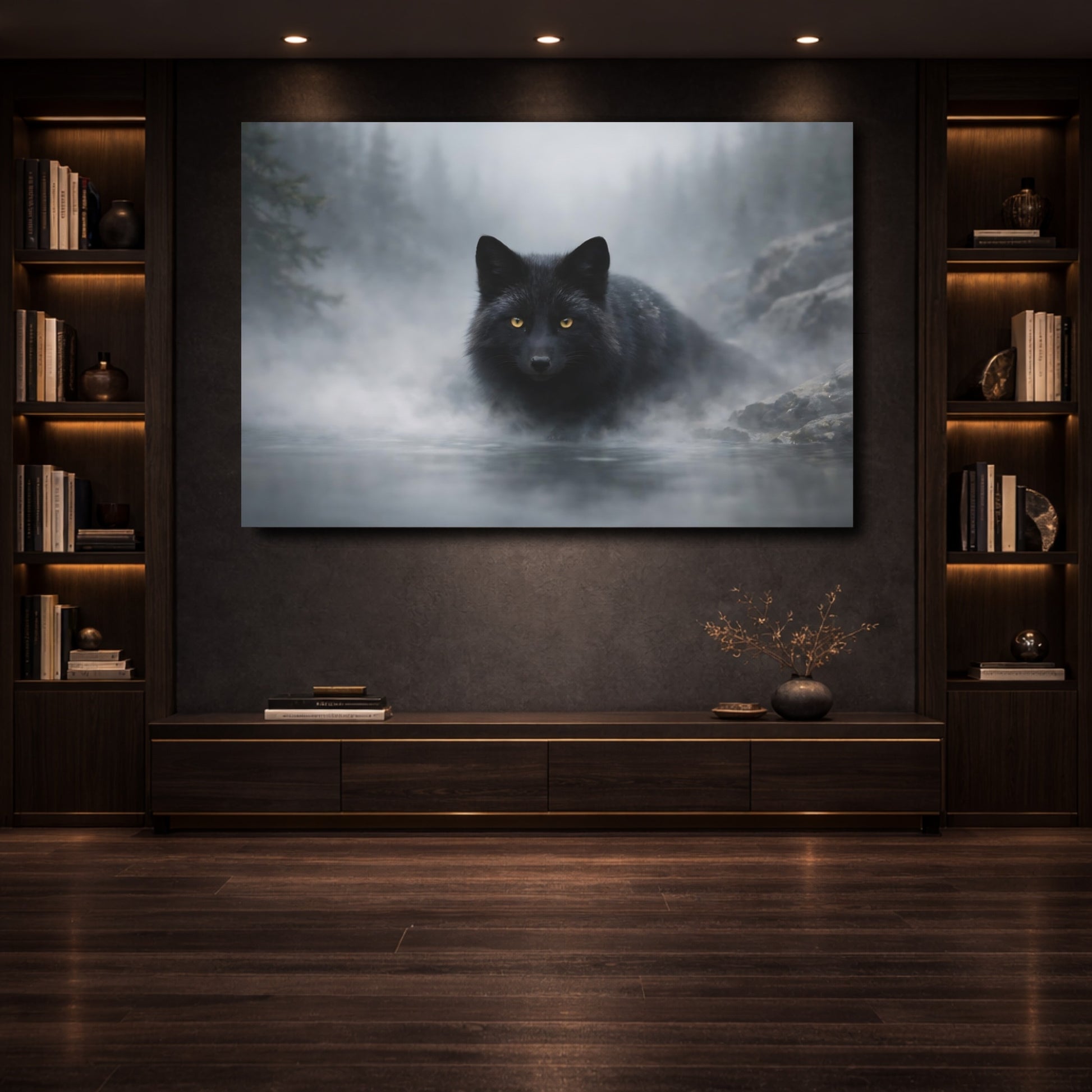 Mockup 3. Animals Black Fox Black And Grey shown as stretched canvas wall art