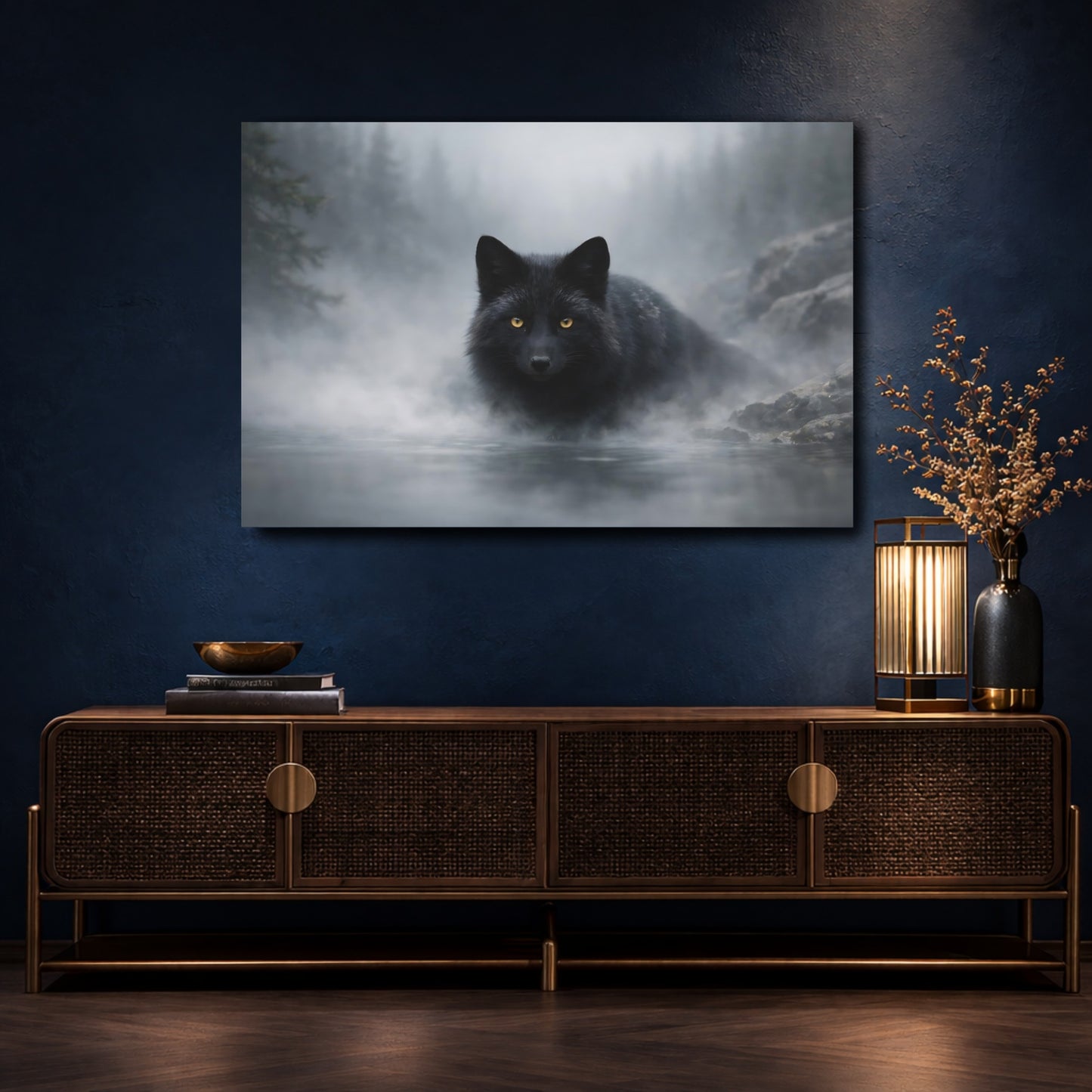 Mockup 4. Animals Black Fox Black And Grey shown as stretched canvas wall art