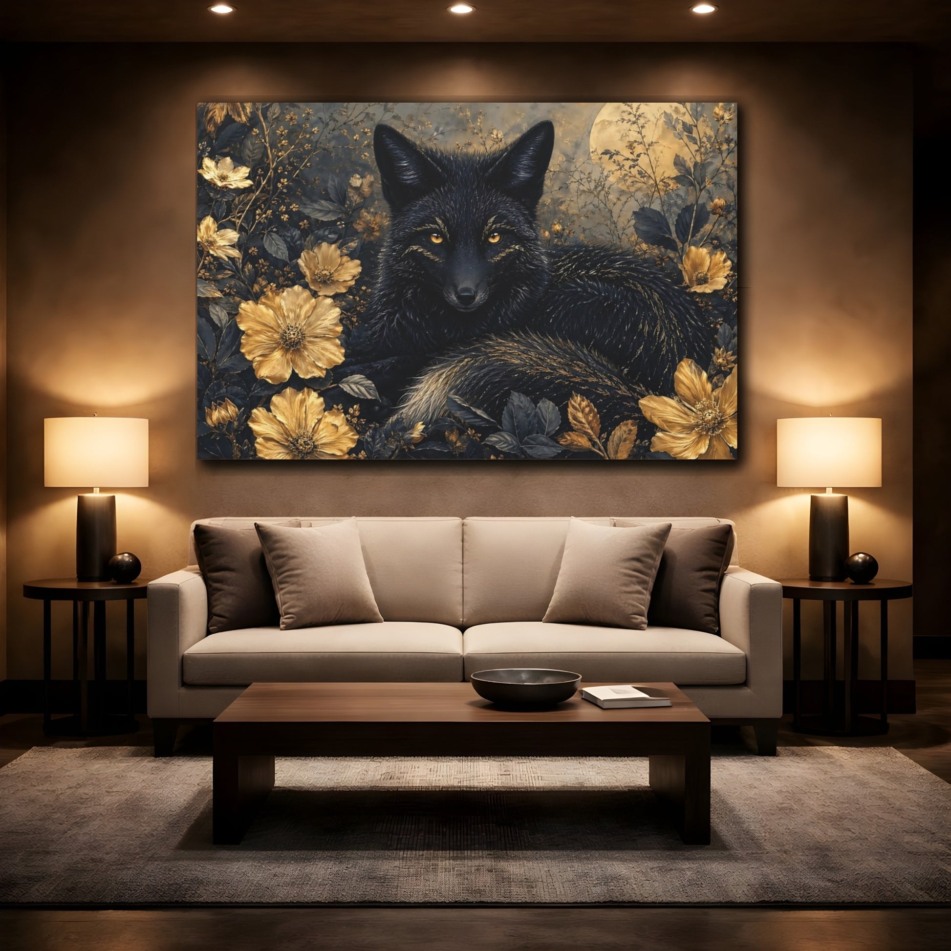 Mockup 2. Animals Black Fox Black Fox Gold shown as stretched canvas wall art