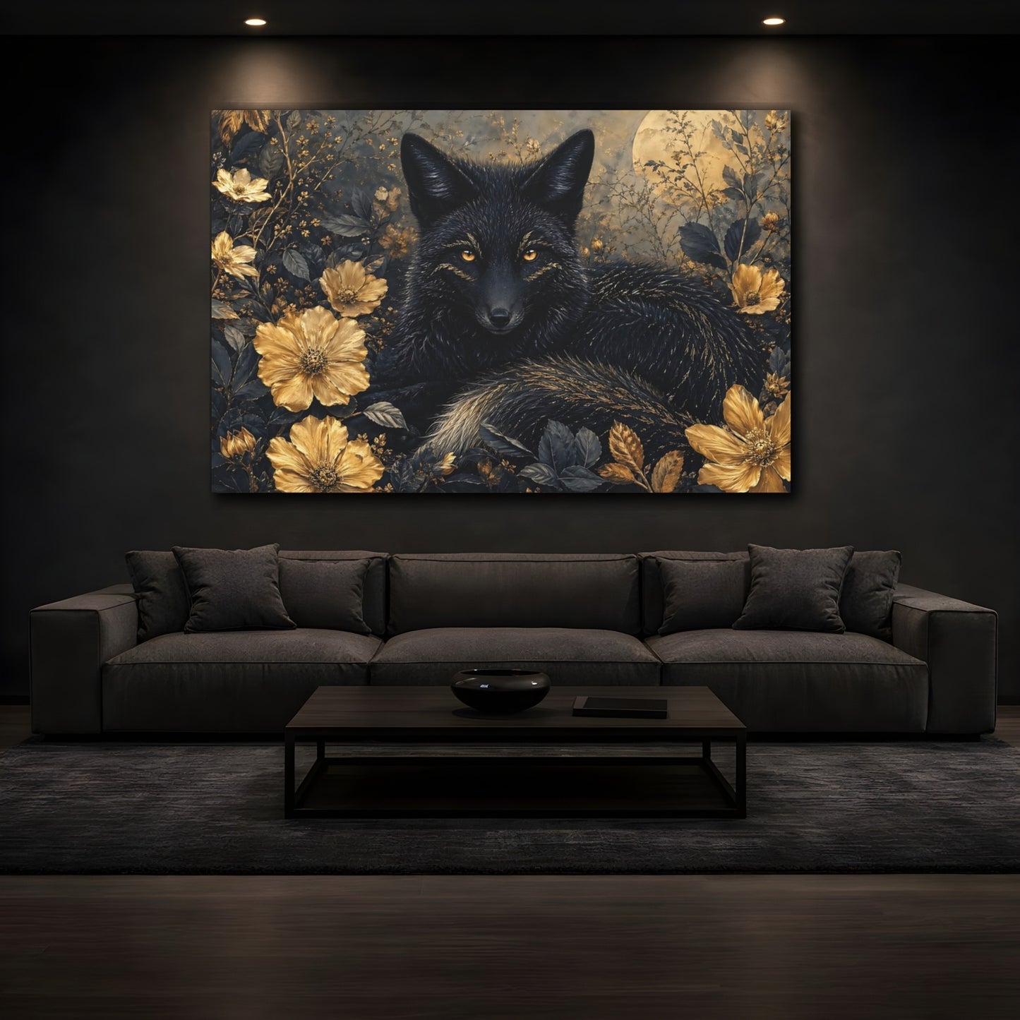 Mockup 3. Animals Black Fox Black Fox Gold shown as stretched canvas wall art