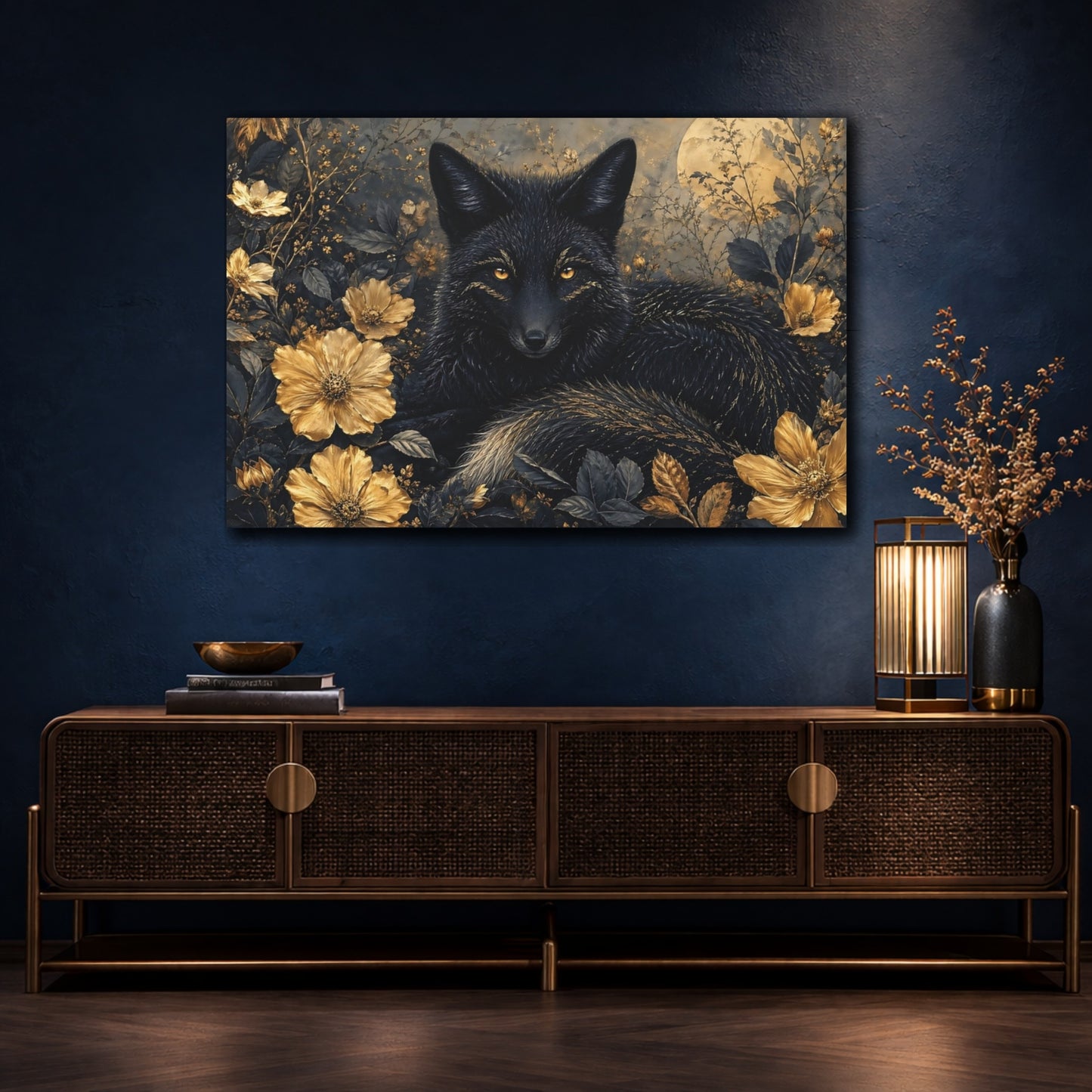 Mockup 4. Animals Black Fox Black Fox Gold shown as stretched canvas wall art