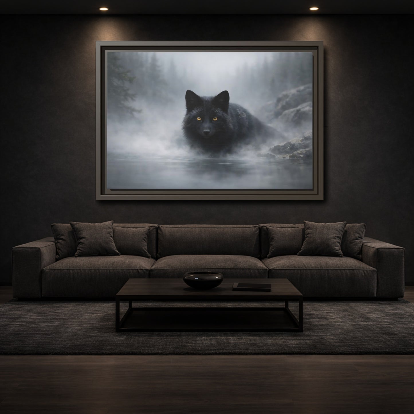 Mockup 2. Animals Black Fox Black Fox shown as stretched canvas wall art