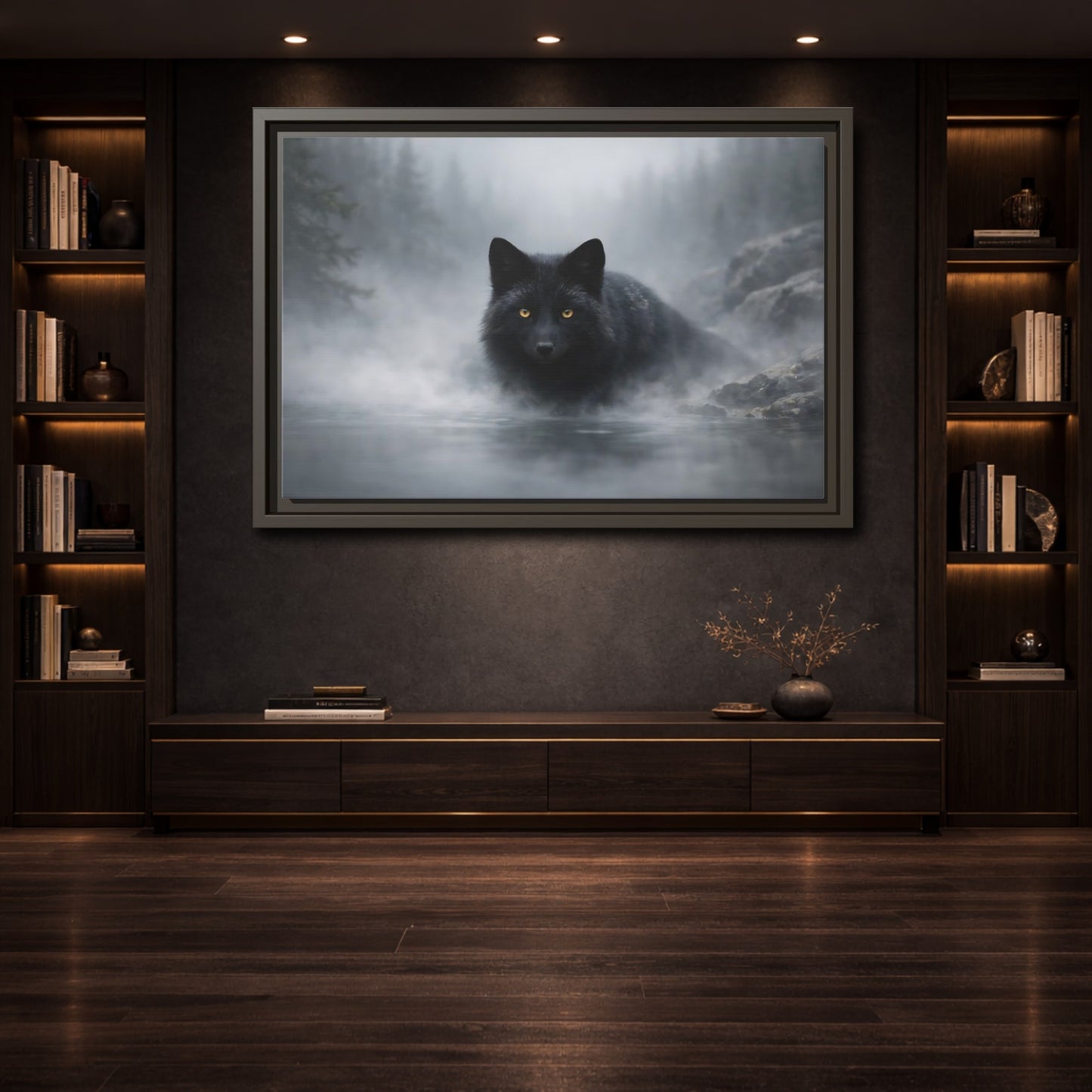 Mockup 3. Animals Black Fox Black Fox shown as stretched canvas wall art