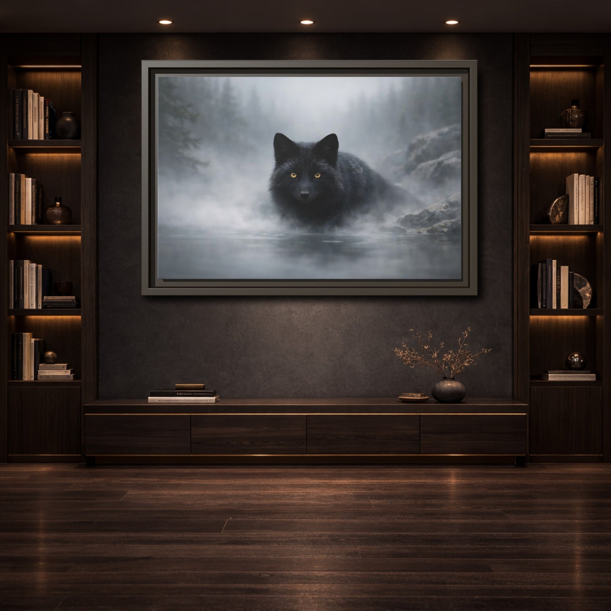 Mockup 3. Animals Black Fox Black Fox shown as stretched canvas wall art