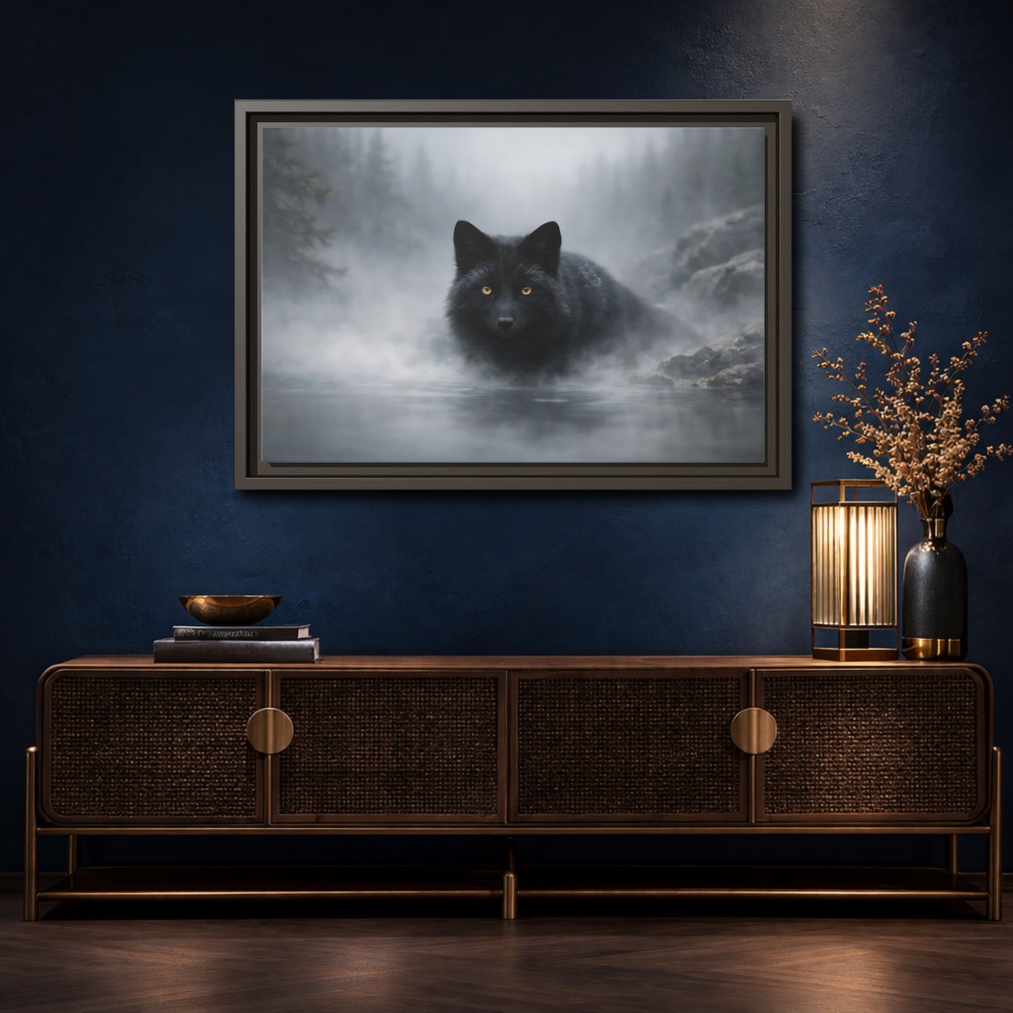 Mockup 4. Animals Black Fox Black Fox shown as stretched canvas wall art