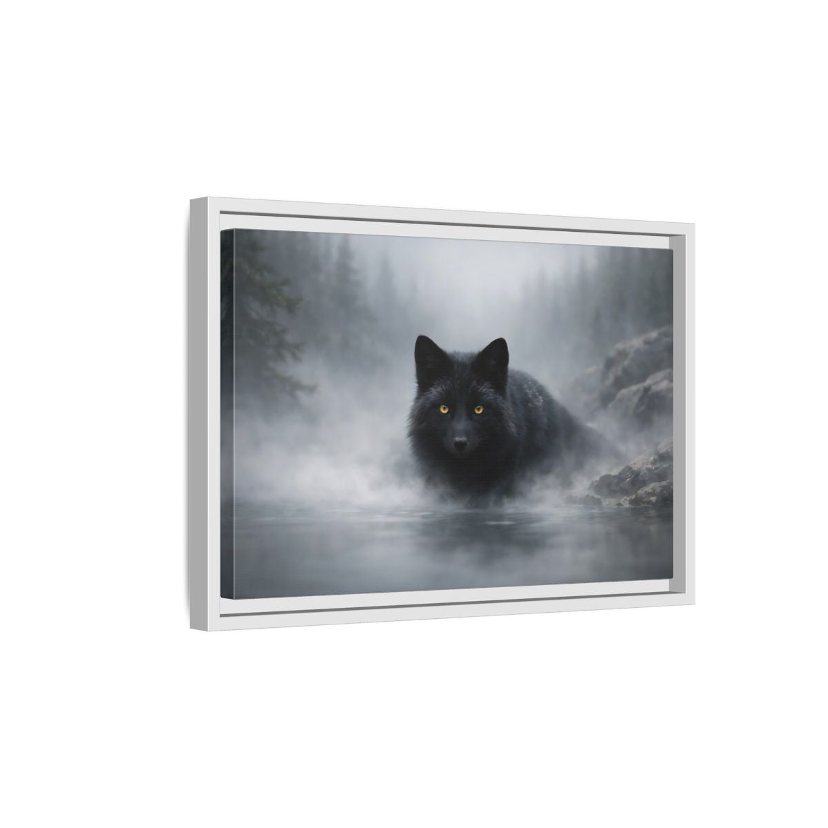 Side Mockup 4. Animals Black Fox Black Fox shown as stretched canvas wall art