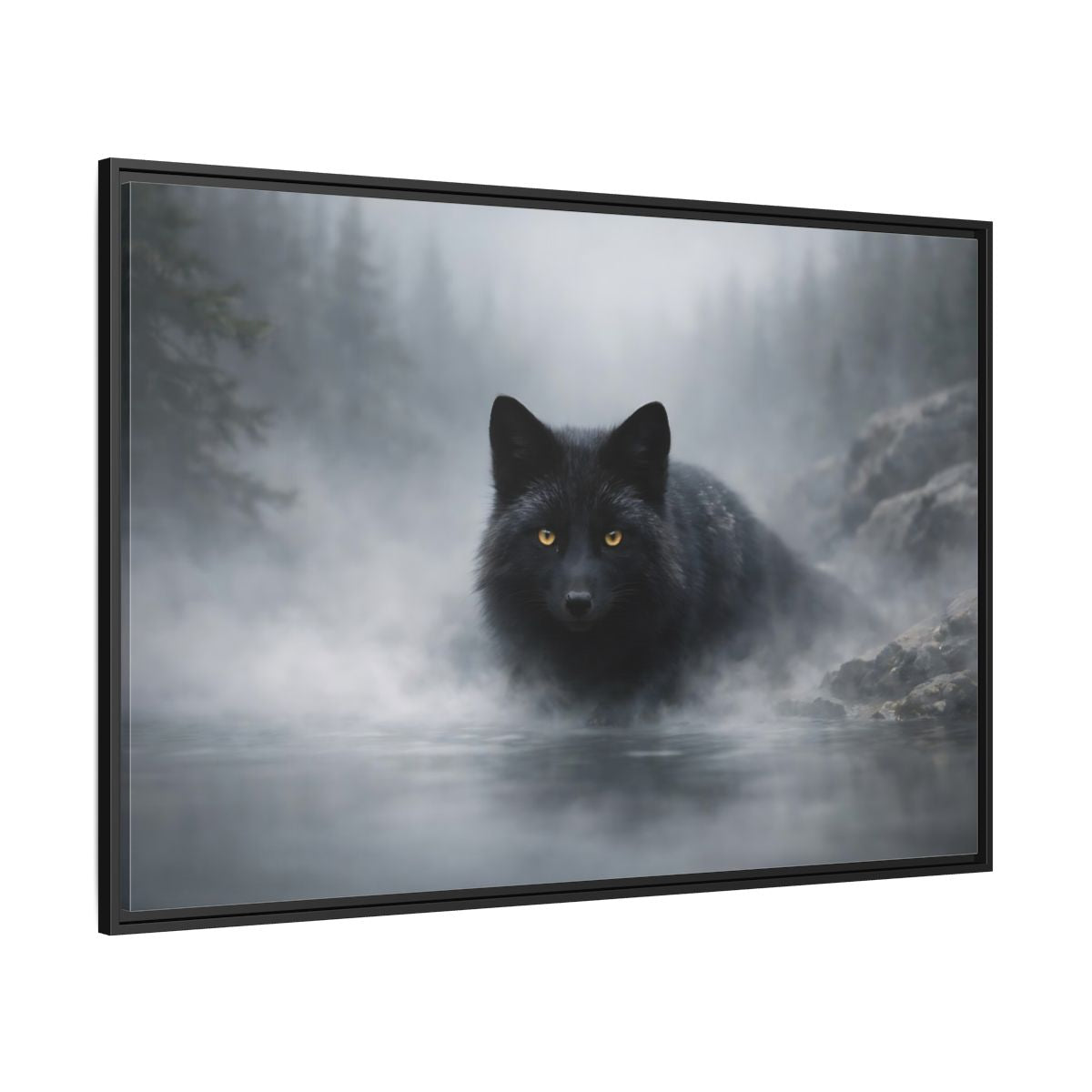 Side Mockup 12. Animals Black Fox Black Fox shown as stretched canvas wall art