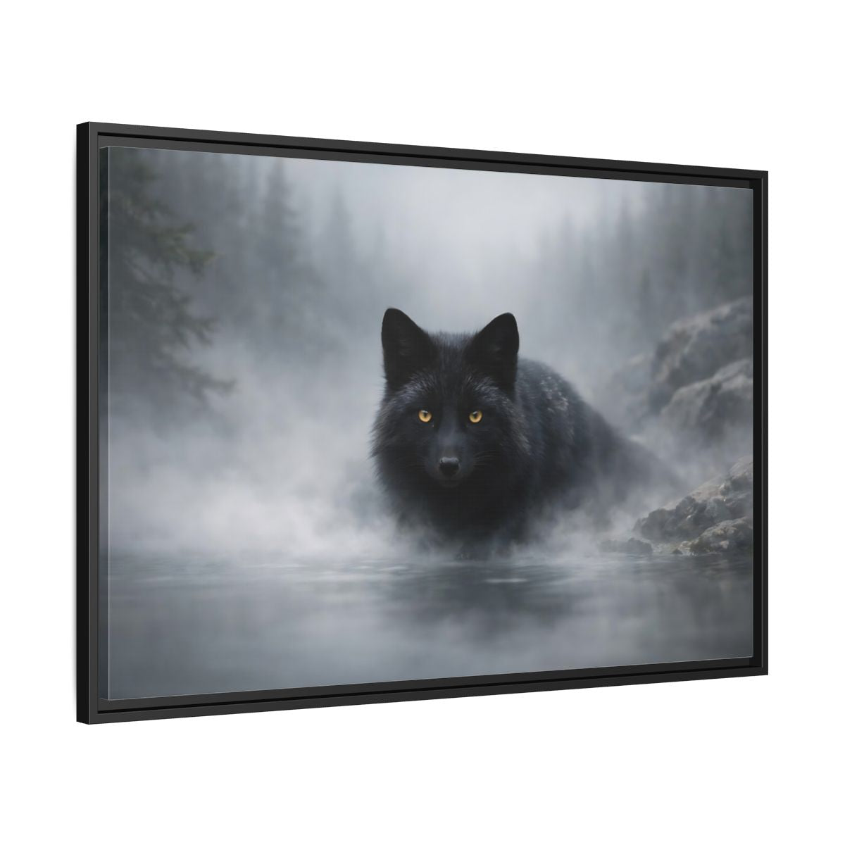 Side Mockup 13. Animals Black Fox Black Fox shown as stretched canvas wall art