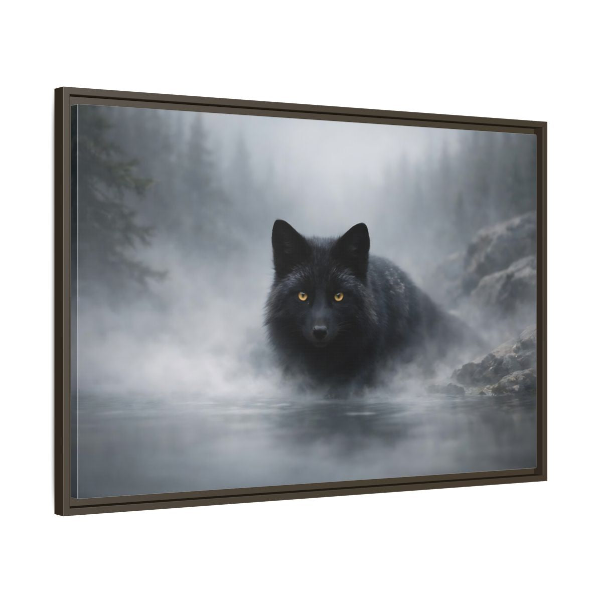 Side Mockup 9. Animals Black Fox Black Fox shown as stretched canvas wall art