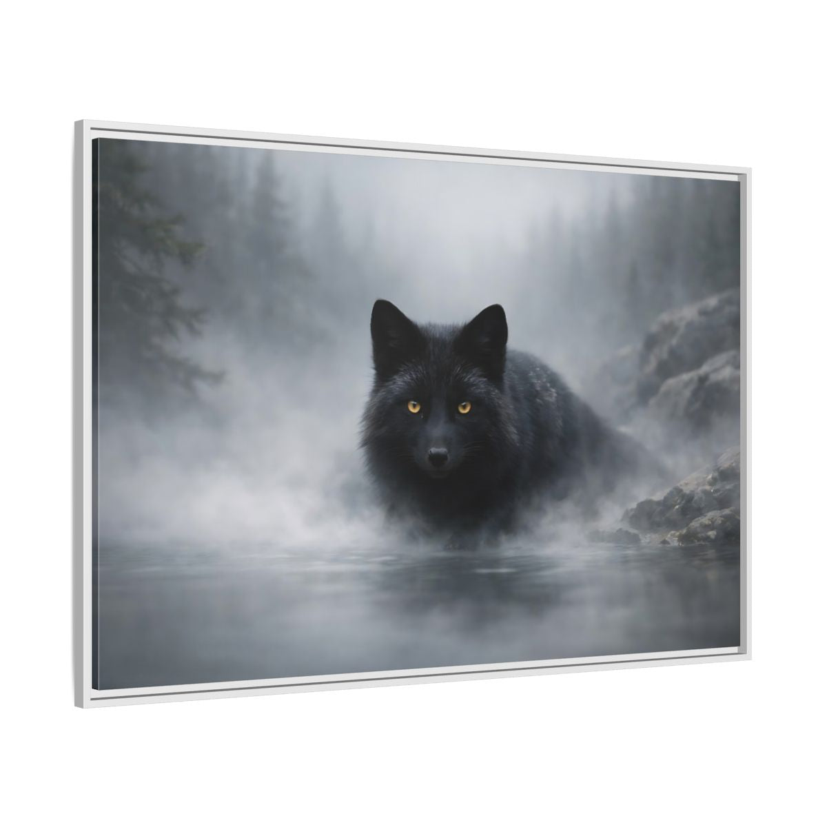 Side Mockup 7. Animals Black Fox Black Fox shown as stretched canvas wall art