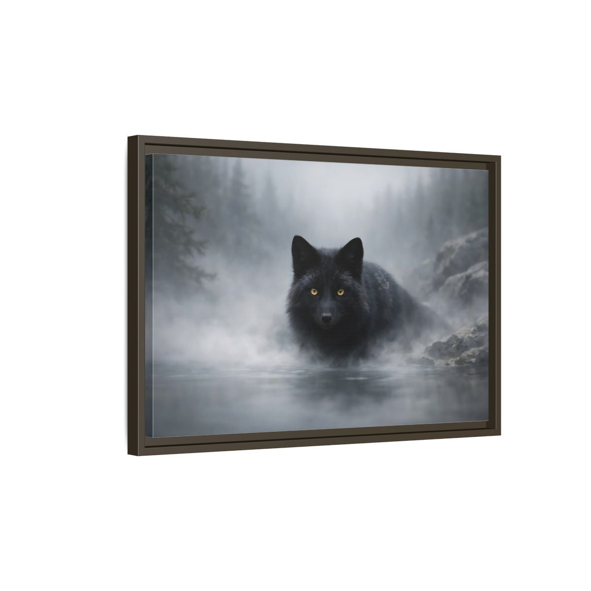 Side Mockup 2. Animals Black Fox Black Fox shown as stretched canvas wall art