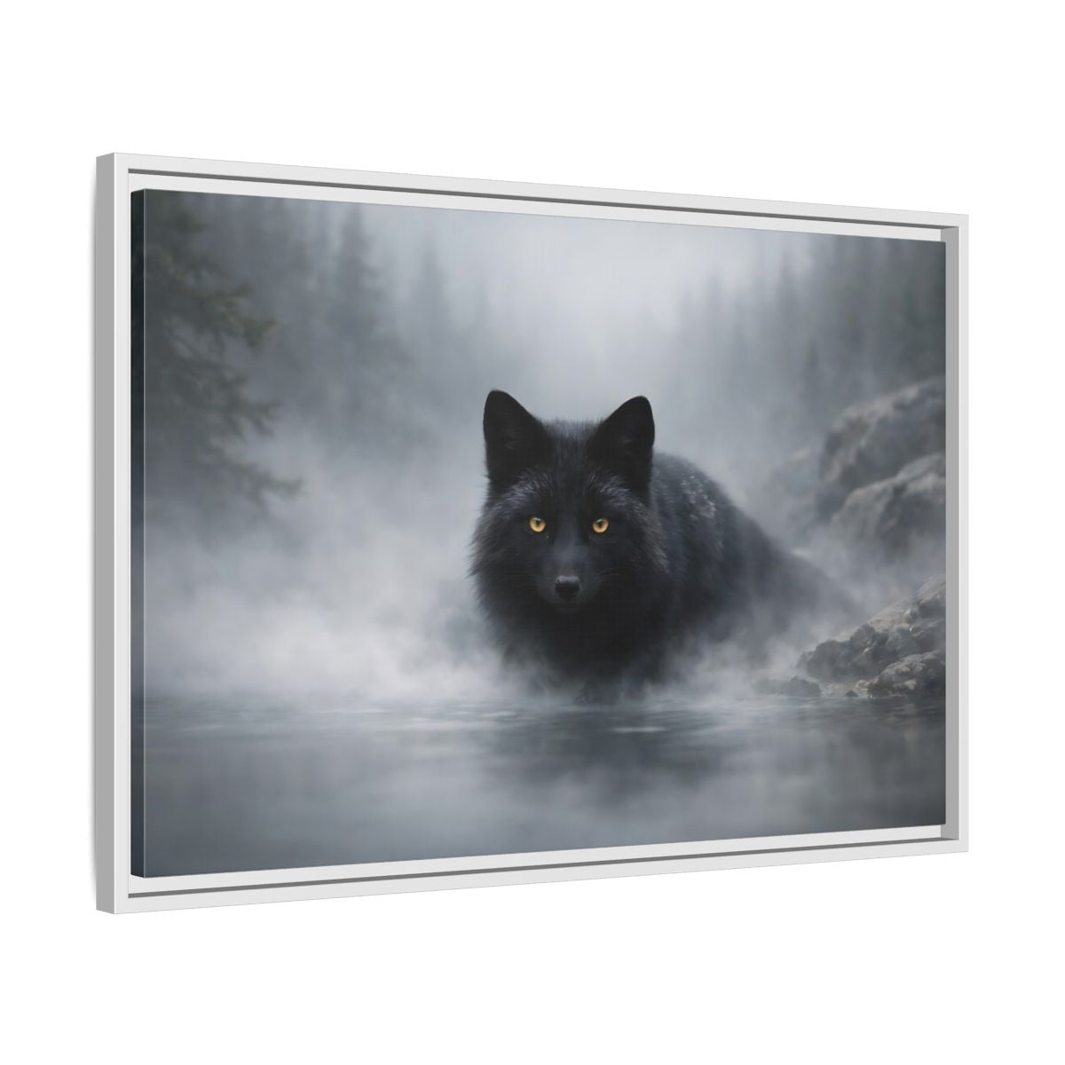 Side Mockup 10. Animals Black Fox Black Fox shown as stretched canvas wall art