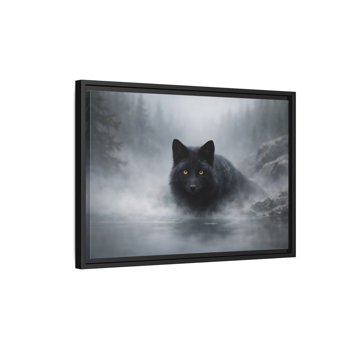 Side Mockup 3. Animals Black Fox Black Fox shown as stretched canvas wall art