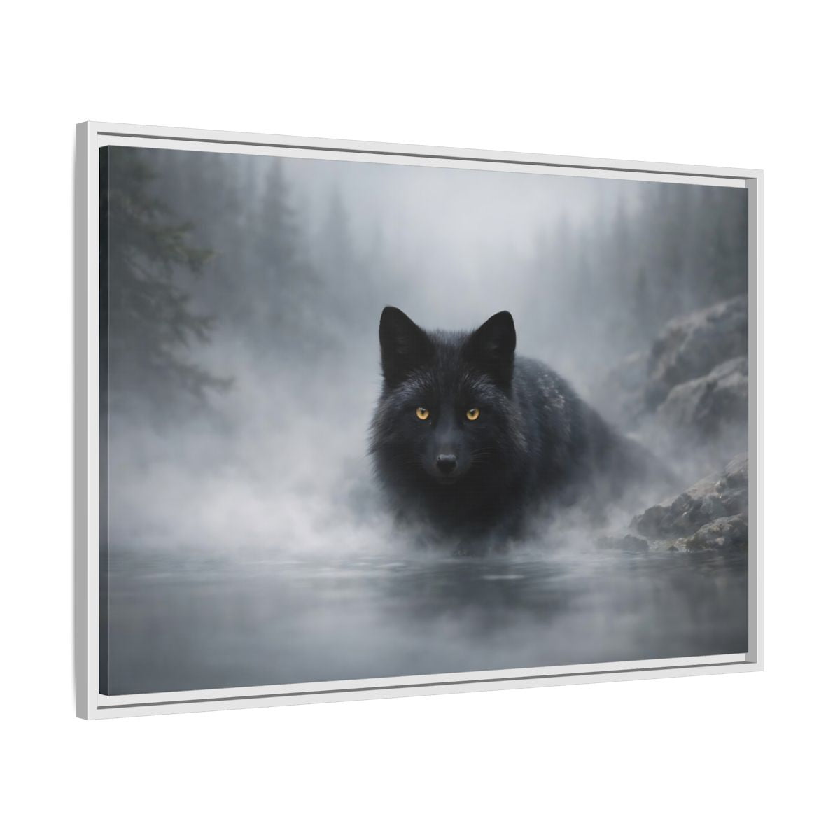 Side Mockup 8. Animals Black Fox Black Fox shown as stretched canvas wall art