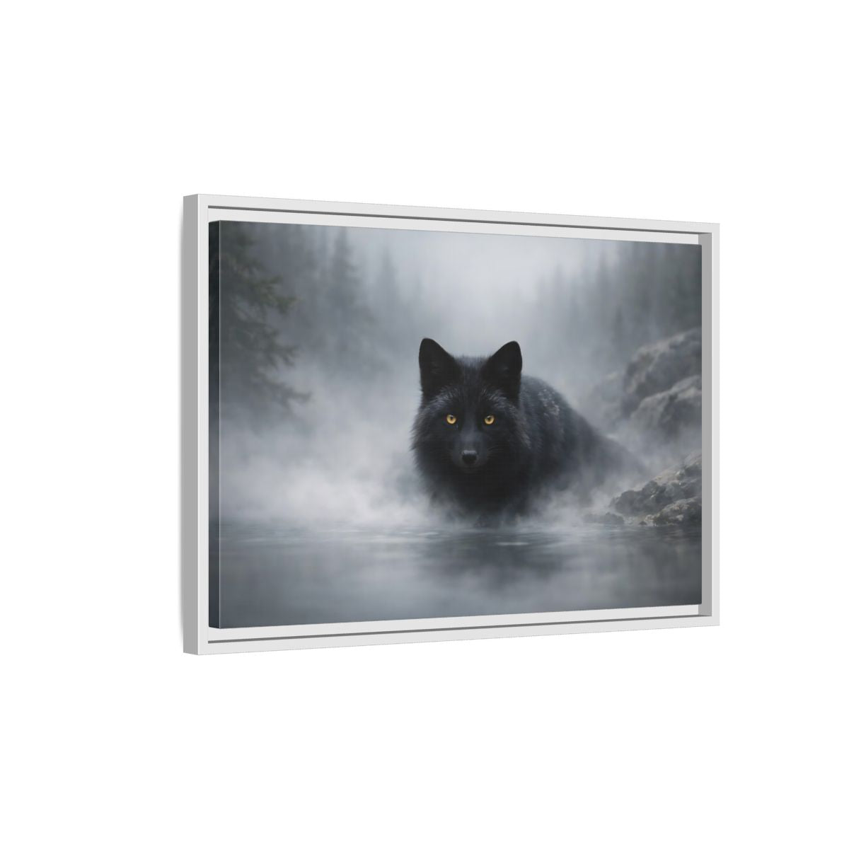 Side Mockup 1. Animals Black Fox Black Fox shown as stretched canvas wall art
