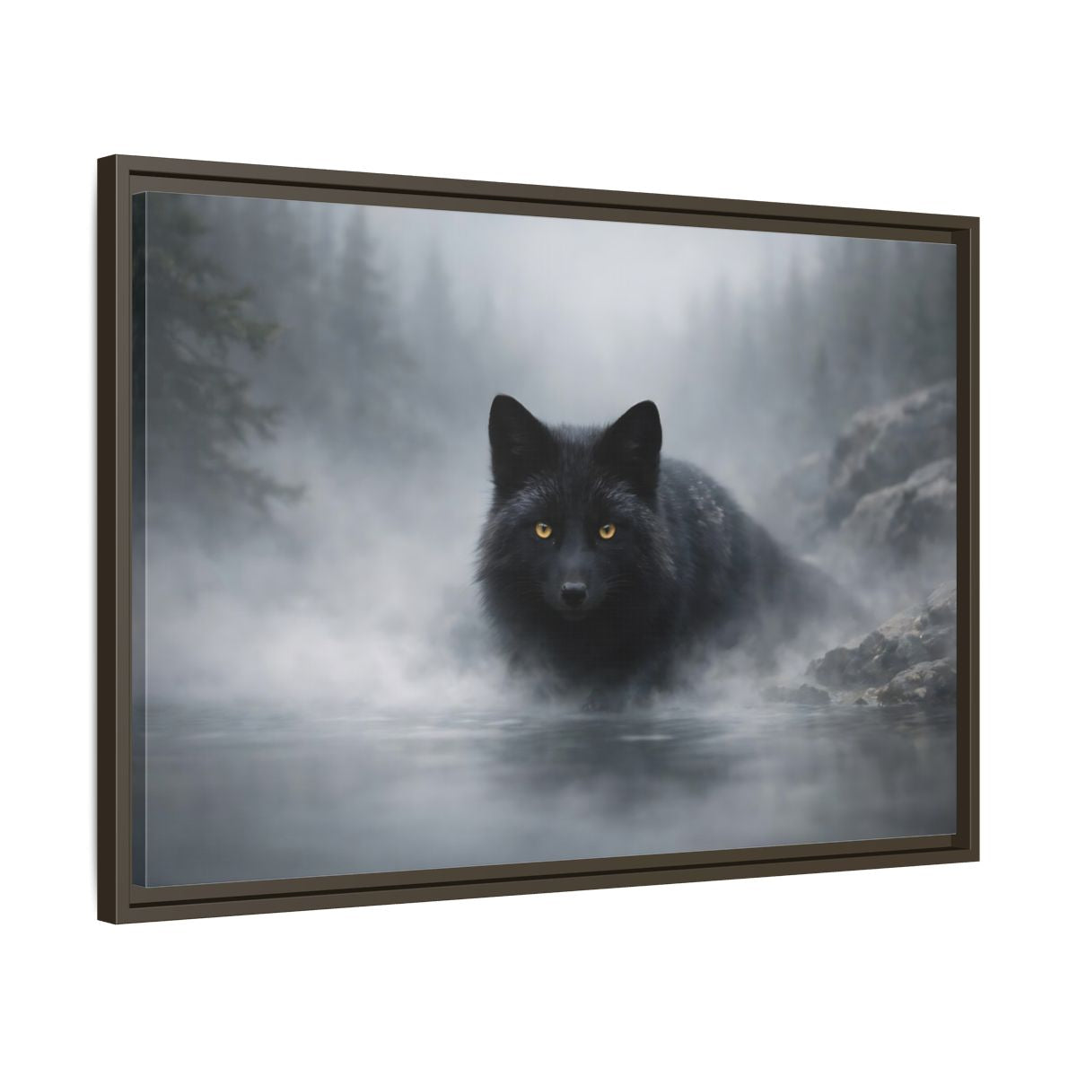 Side Mockup 11. Animals Black Fox Black Fox shown as stretched canvas wall art
