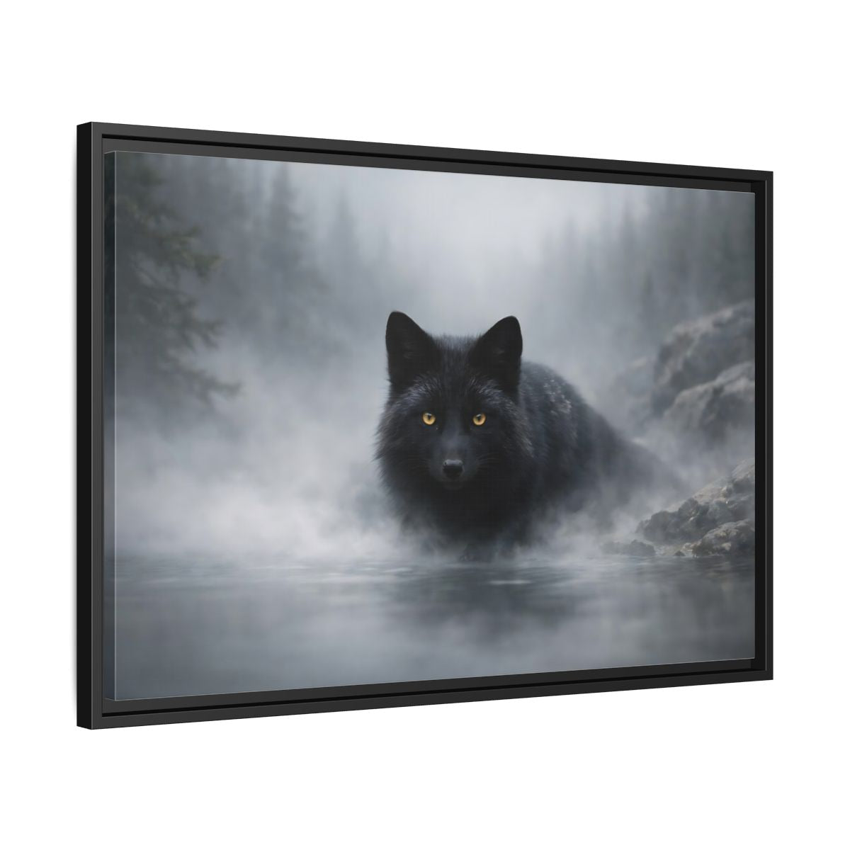 Side Mockup 14. Animals Black Fox Black Fox shown as stretched canvas wall art
