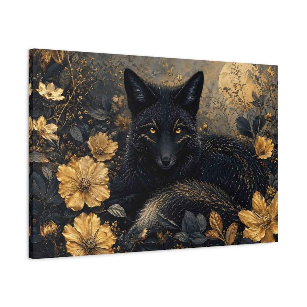 Side Mockup 2. Animals Black Fox Black Fox Gold shown as stretched canvas wall art