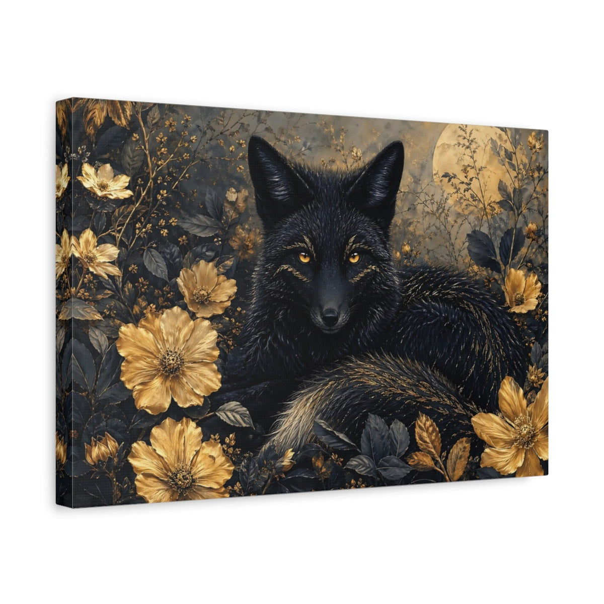 Side Mockup 4. Animals Black Fox Black Fox Gold shown as stretched canvas wall art