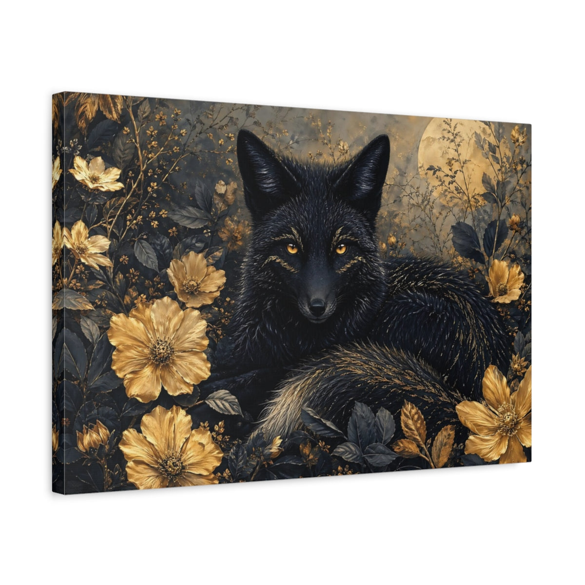Side Mockup 3. Animals Black Fox Black Fox Gold shown as stretched canvas wall art