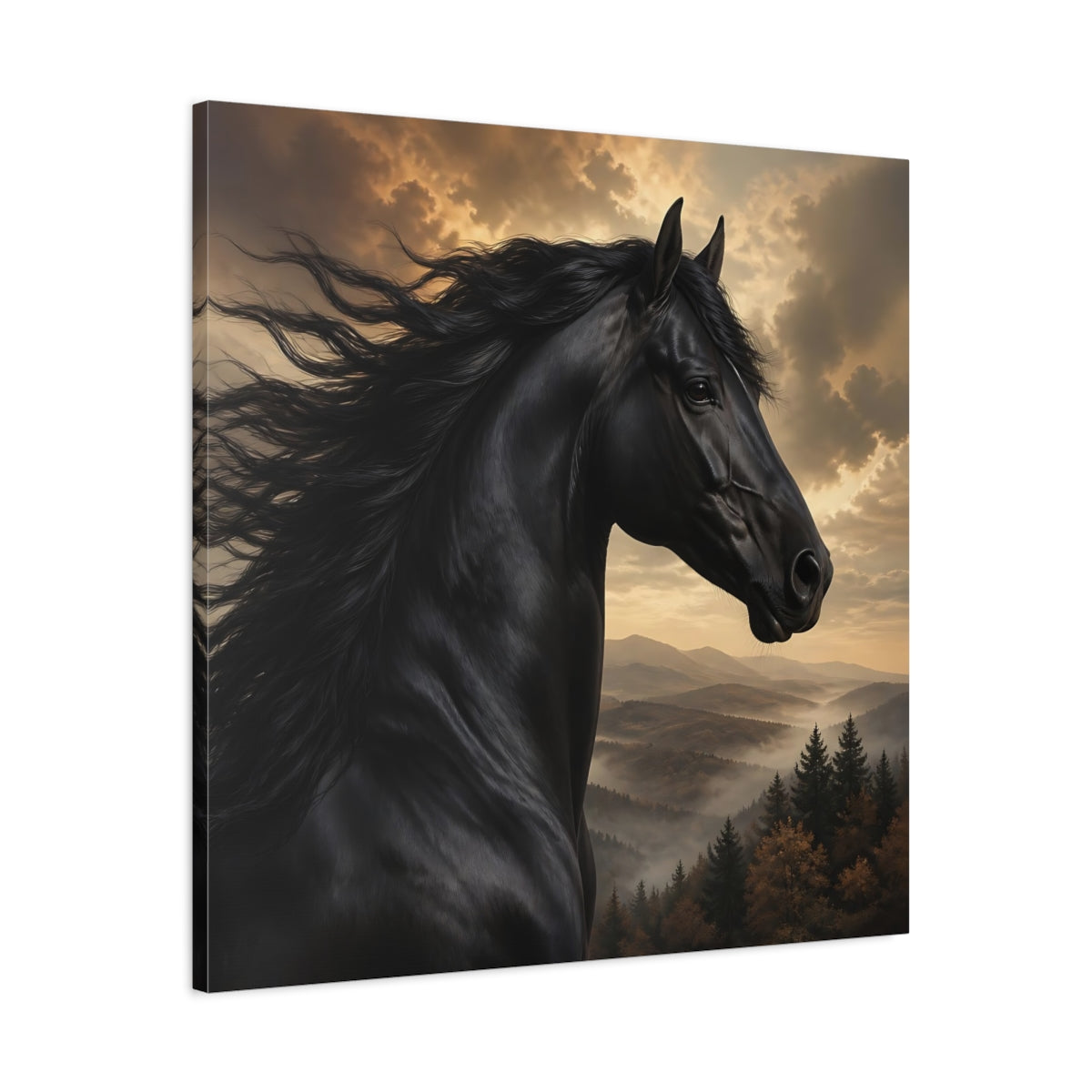 Side Mockup 3. Animals Black Horse Black And Gold shown as stretched canvas wall art