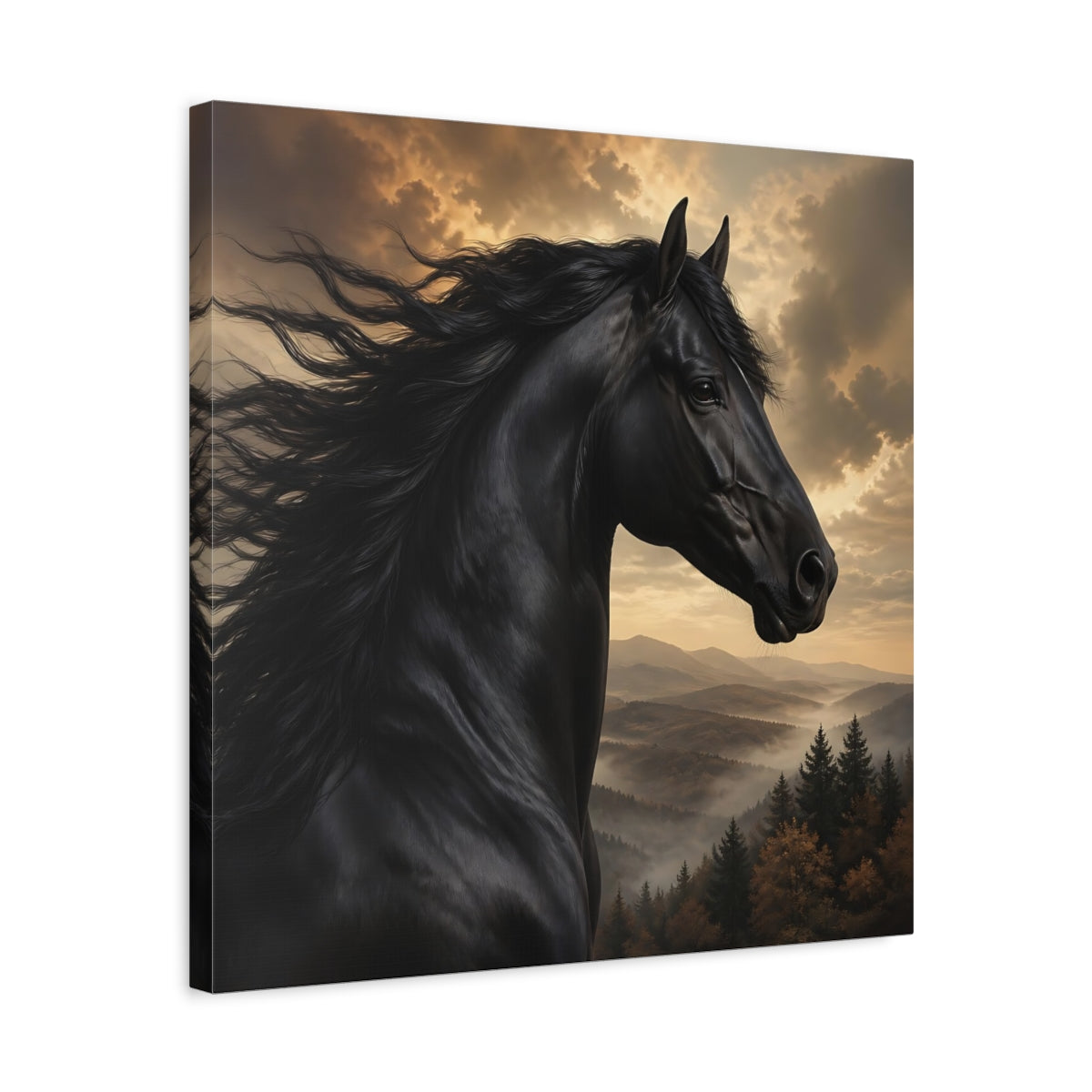 Side Mockup 5. Animals Black Horse Black And Gold shown as stretched canvas wall art