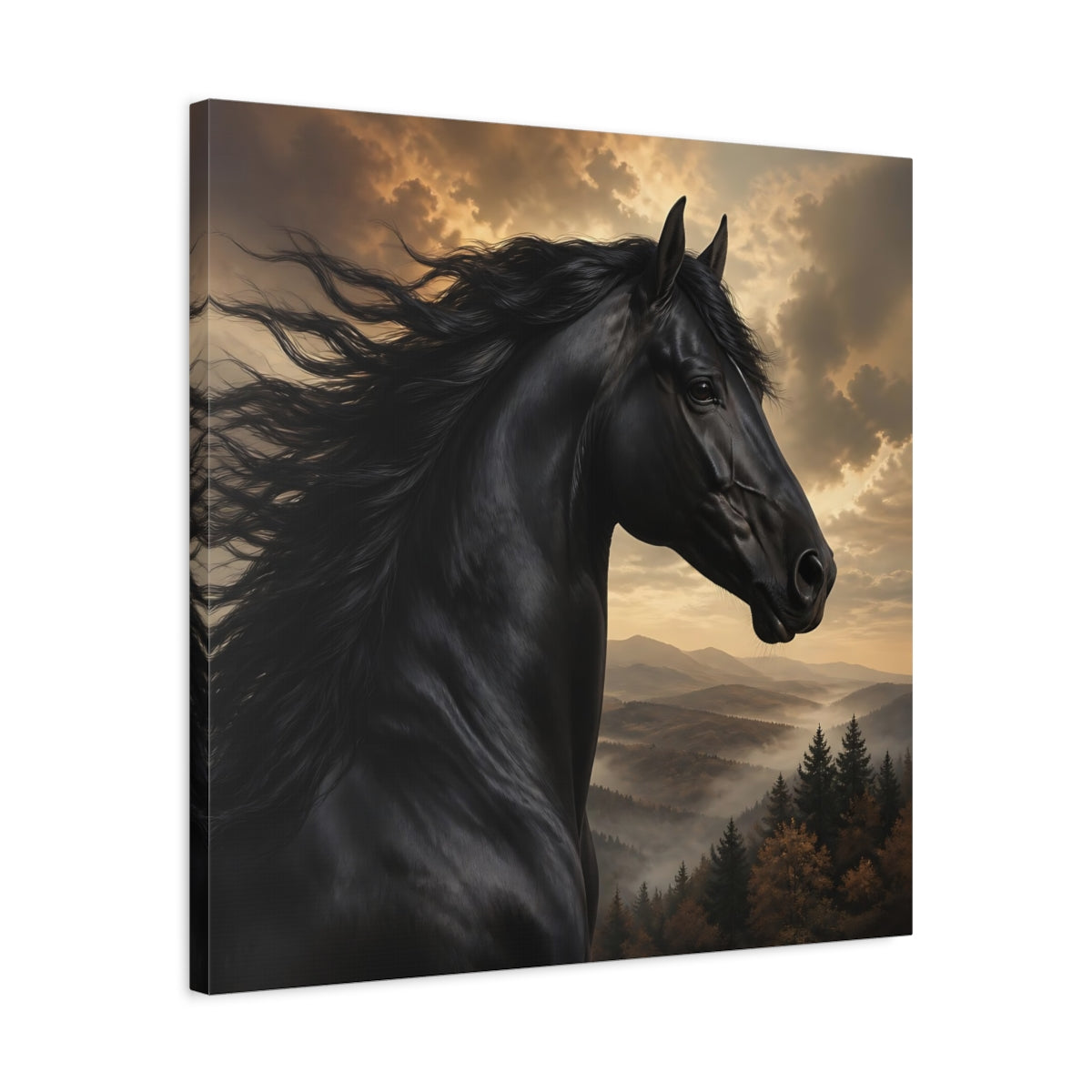 Side Mockup 4. Animals Black Horse Black And Gold shown as stretched canvas wall art