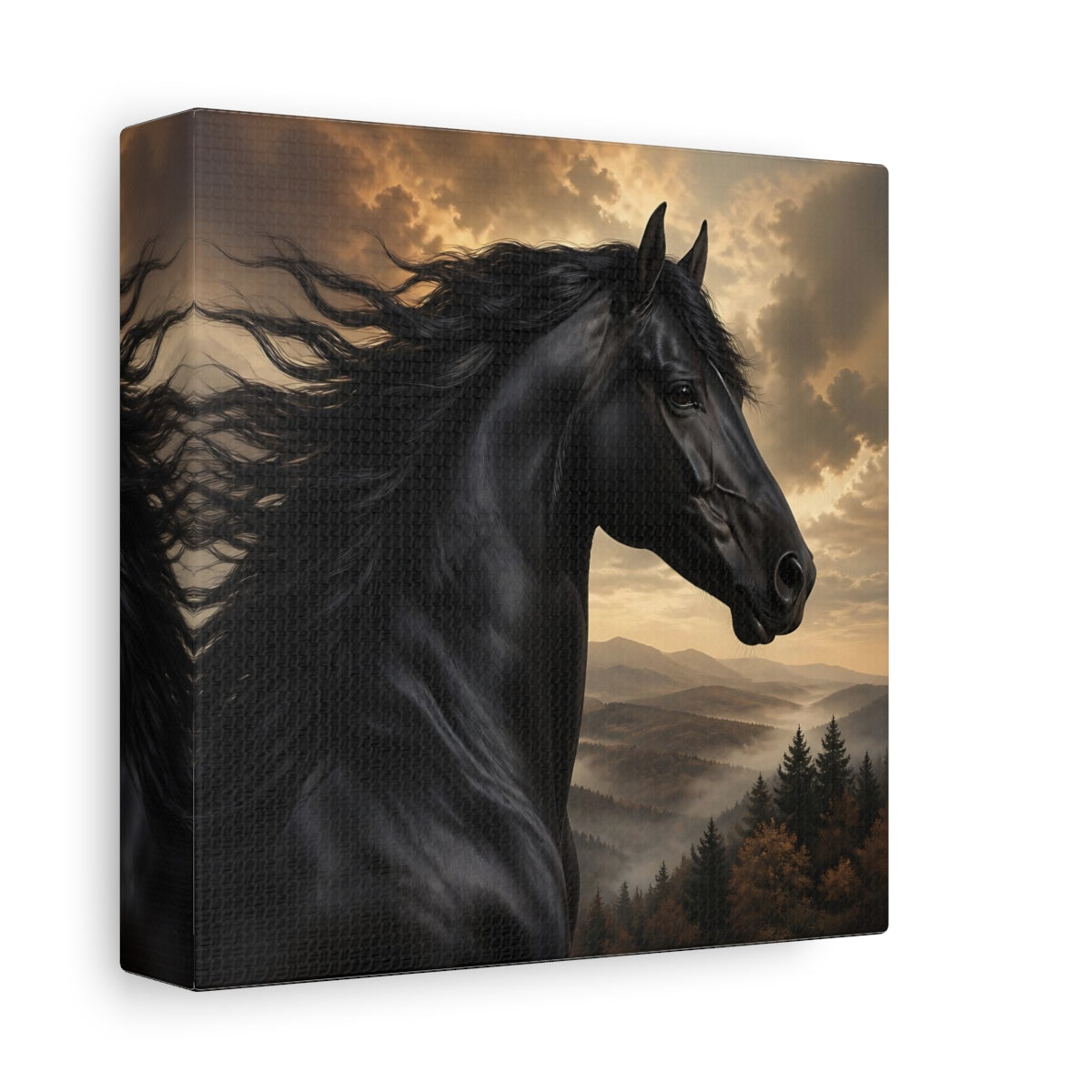 Side Mockup 2. Animals Black Horse Black And Gold shown as stretched canvas wall art