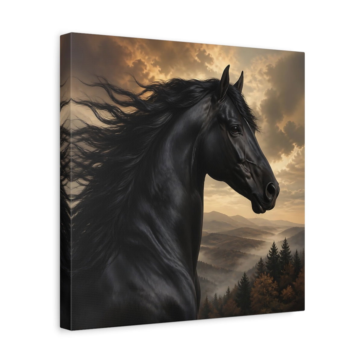 Side Mockup 7. Animals Black Horse Black And Gold shown as stretched canvas wall art