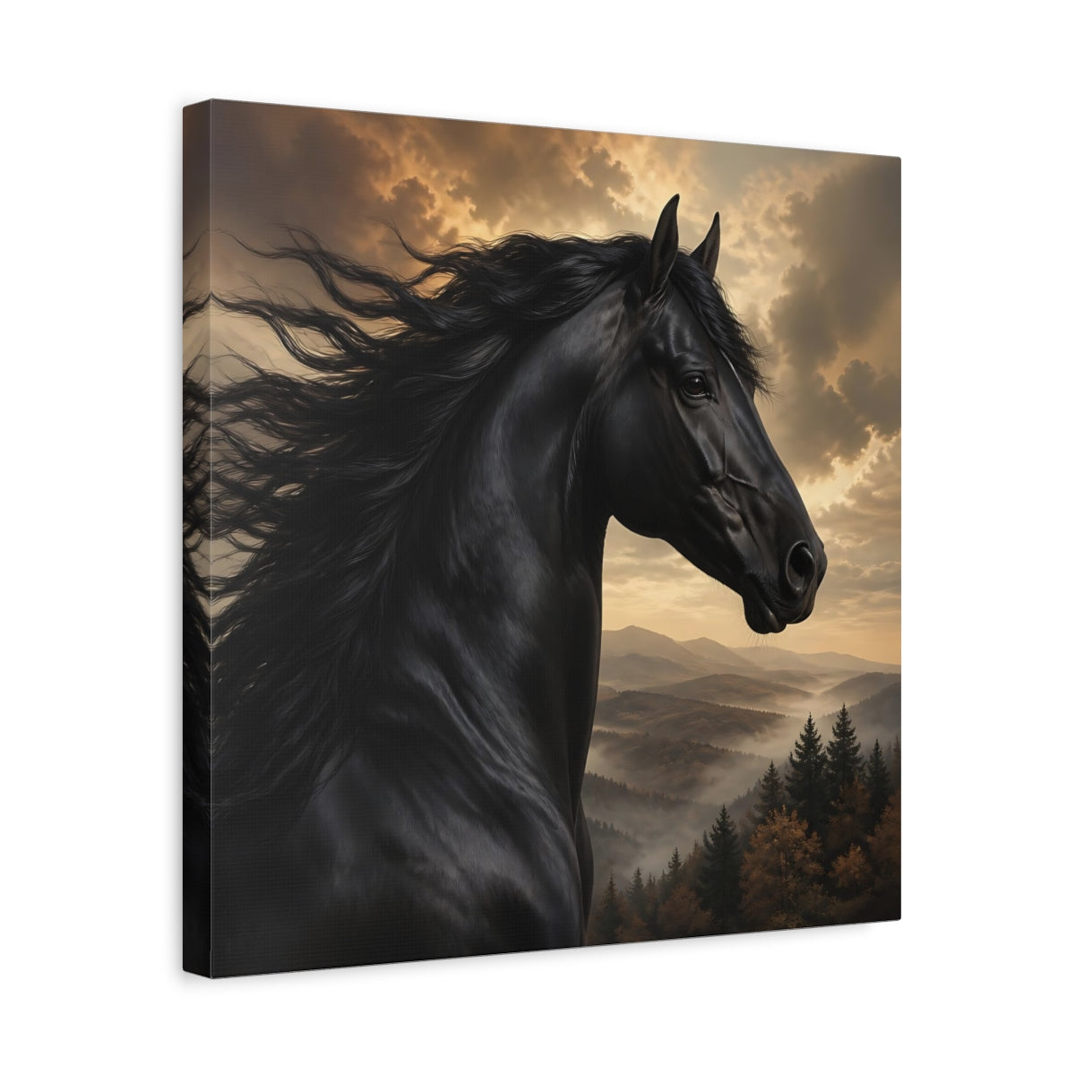 Side Mockup 6. Animals Black Horse Black And Gold shown as stretched canvas wall art
