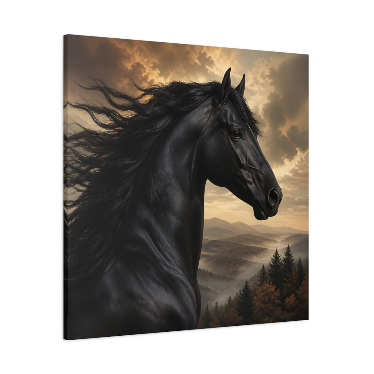 Side Mockup 1. Animals Black Horse Black And Gold shown as stretched canvas wall art