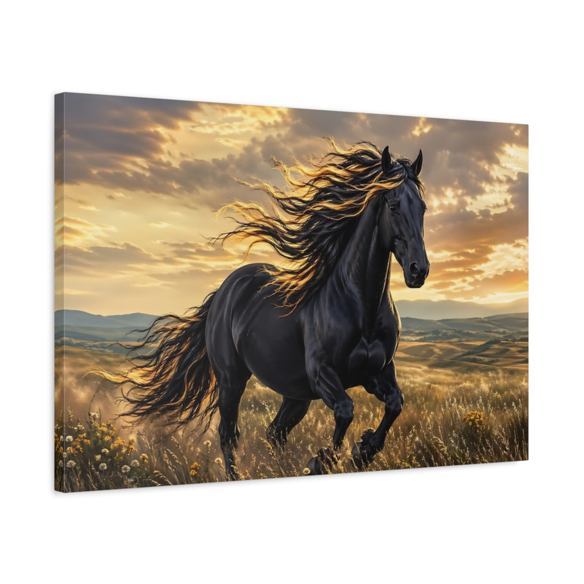 Side Mockup 2. Animals Black Horse Black And Gold Horse shown as stretched canvas wall art
