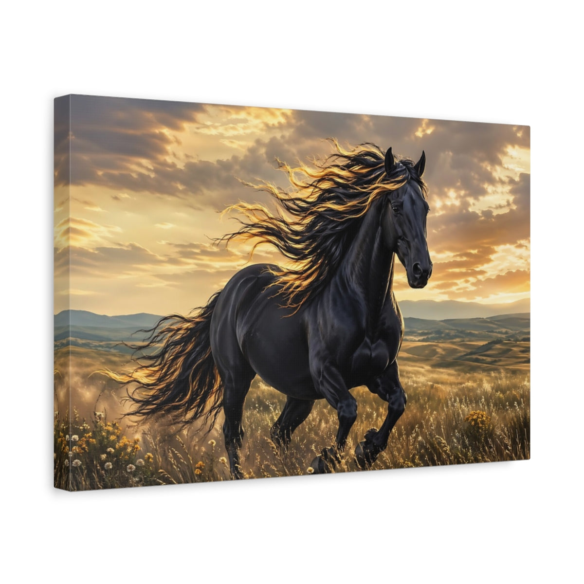 Side Mockup 4. Animals Black Horse Black And Gold Horse shown as stretched canvas wall art