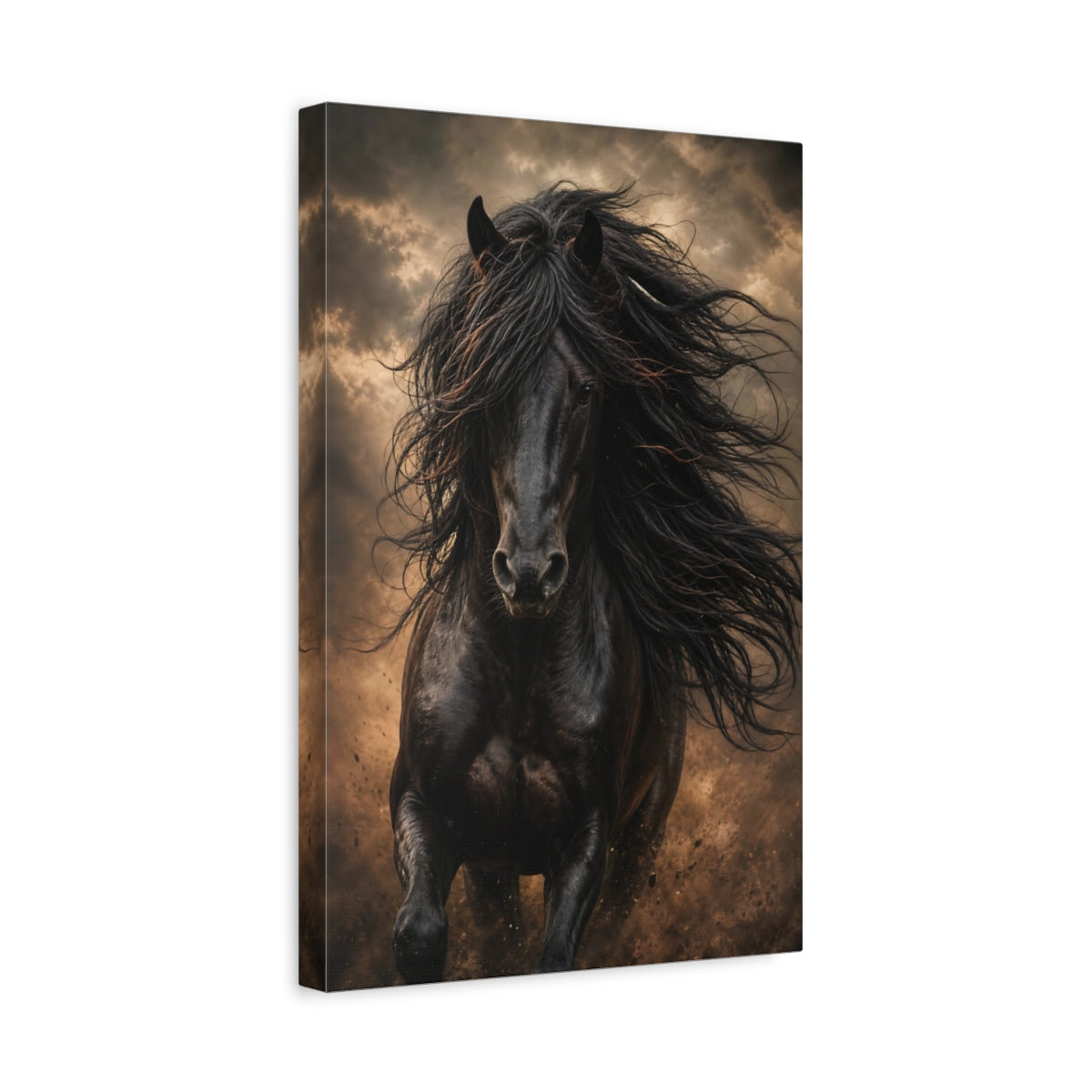 Side Mockup 4. Animals Black Horse Black And Gold shown as stretched canvas wall art