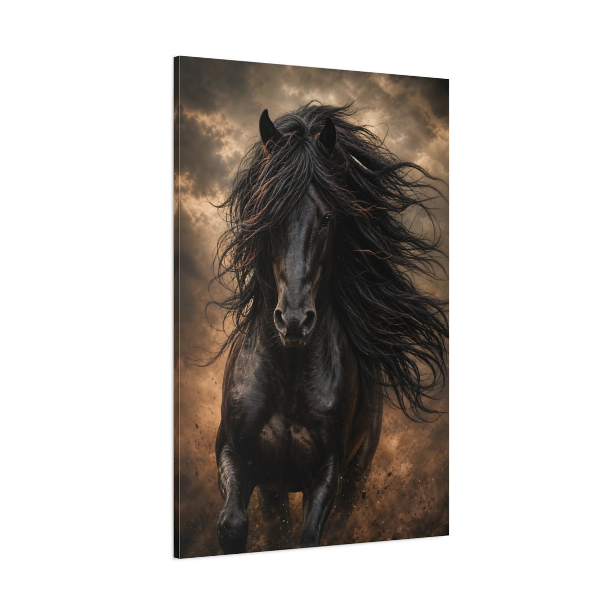 Side Mockup 1. Animals Black Horse Black And Gold shown as stretched canvas wall art